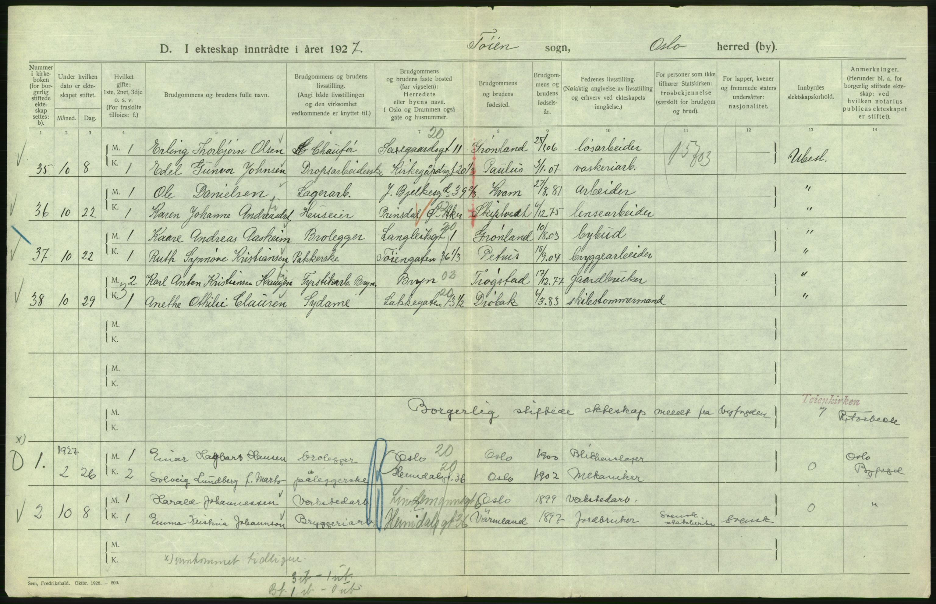 Statistisk sentralbyrå, Sosiodemografiske emner, Befolkning, AV/RA-S-2228/D/Df/Dfc/Dfcg/L0008: Oslo: Gifte, 1927, s. 712