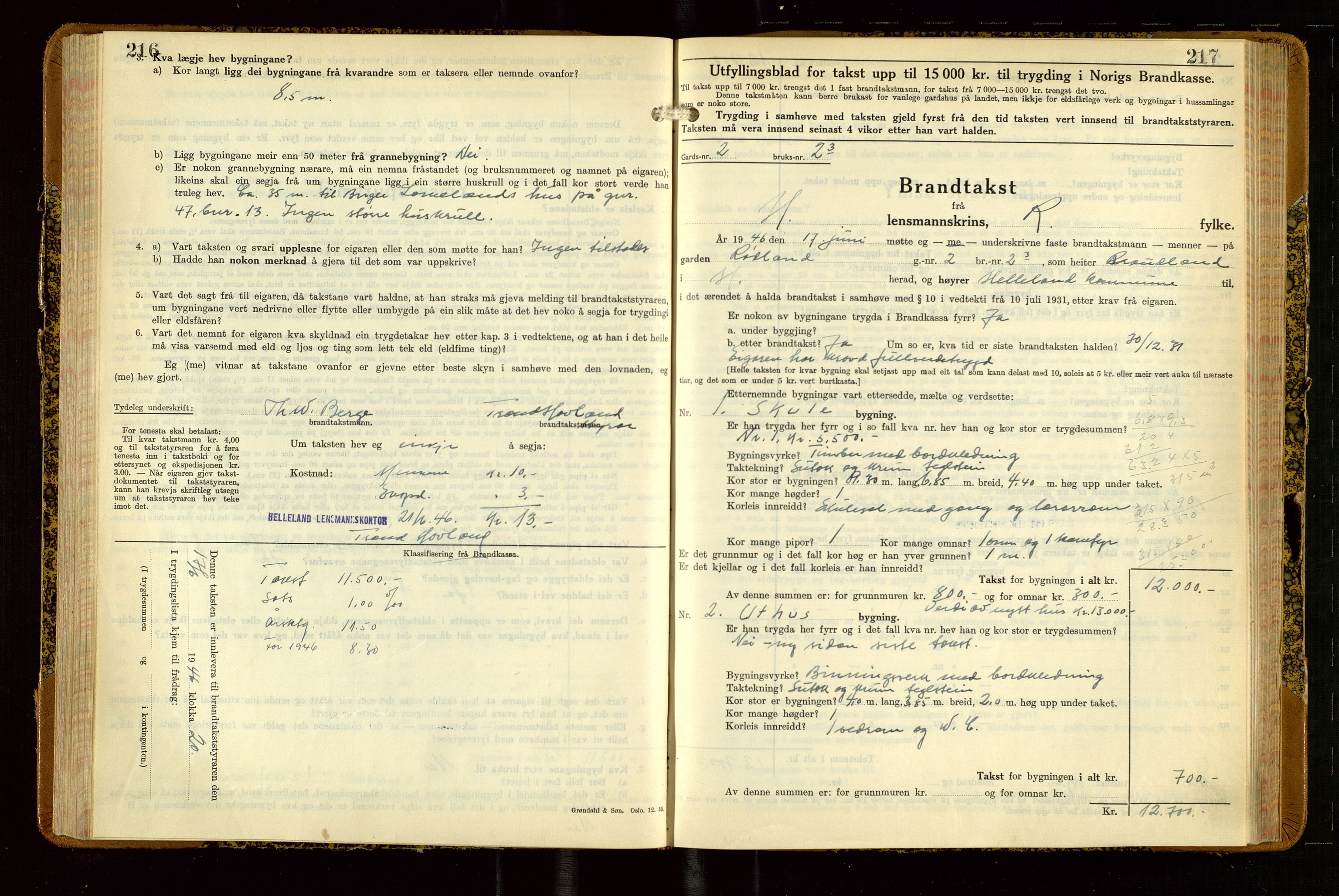 Helleland lensmannskontor, AV/SAST-A-100209/Gob/L0004: "Brandtakstbok", 1939-1949, s. 216-217