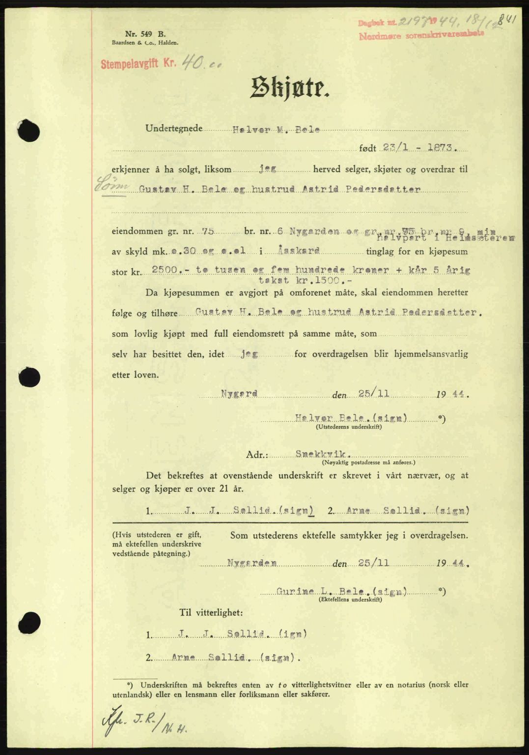 Nordmøre sorenskriveri, SAT/A-4132/1/2/2Ca: Pantebok nr. A98, 1944-1944, Dagboknr: 2197/1944