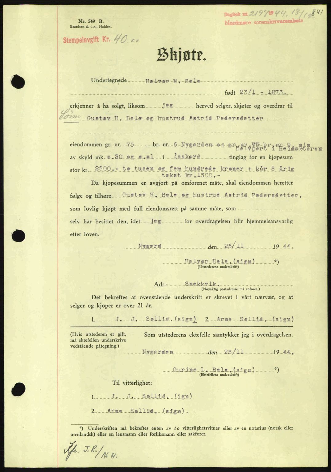 Nordmøre sorenskriveri, AV/SAT-A-4132/1/2/2Ca: Pantebok nr. A98, 1944-1944, Dagboknr: 2197/1944