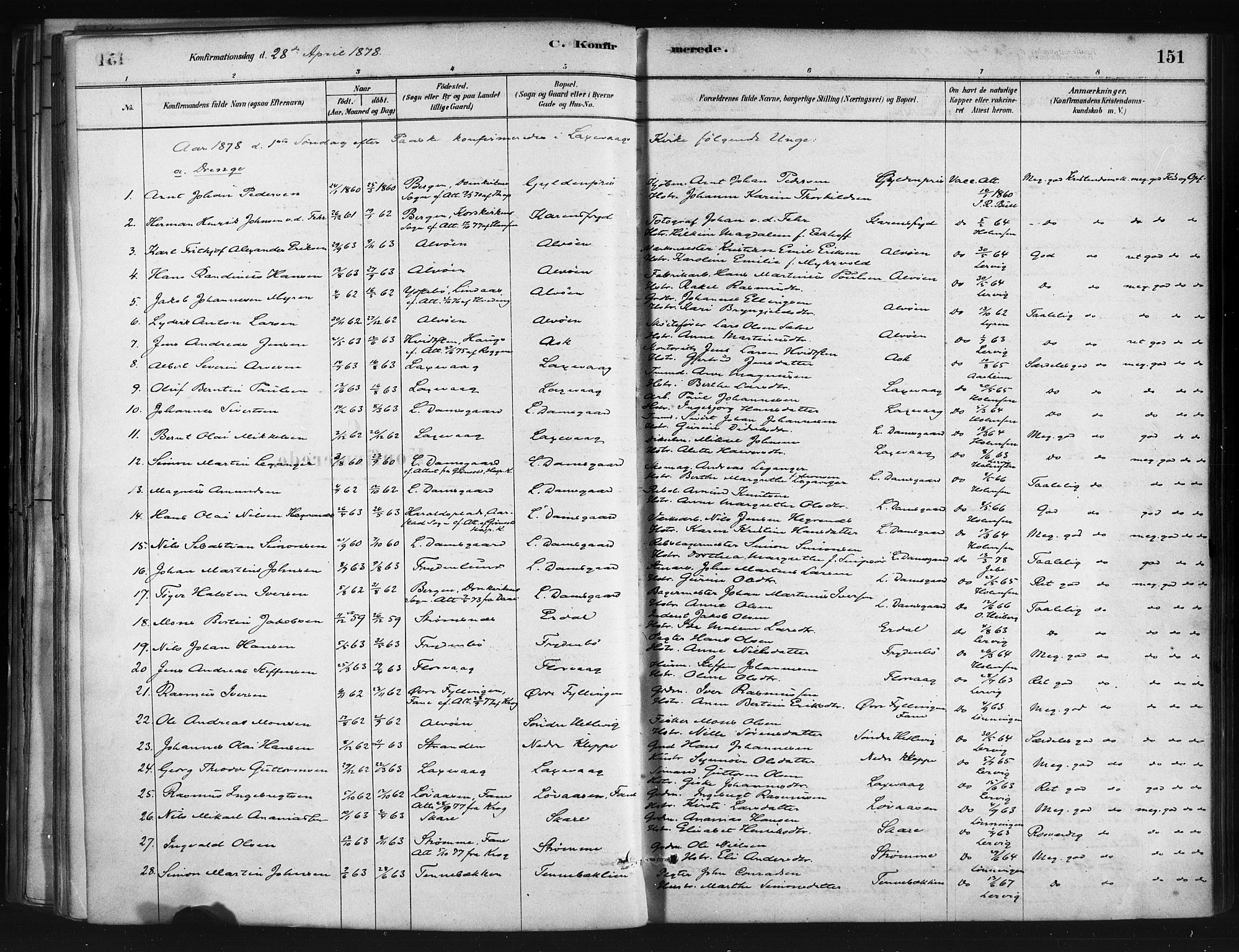 Askøy Sokneprestembete, AV/SAB-A-74101/H/Ha/Haa/Haae/L0002: Ministerialbok nr. E 2, 1878-1891, s. 151