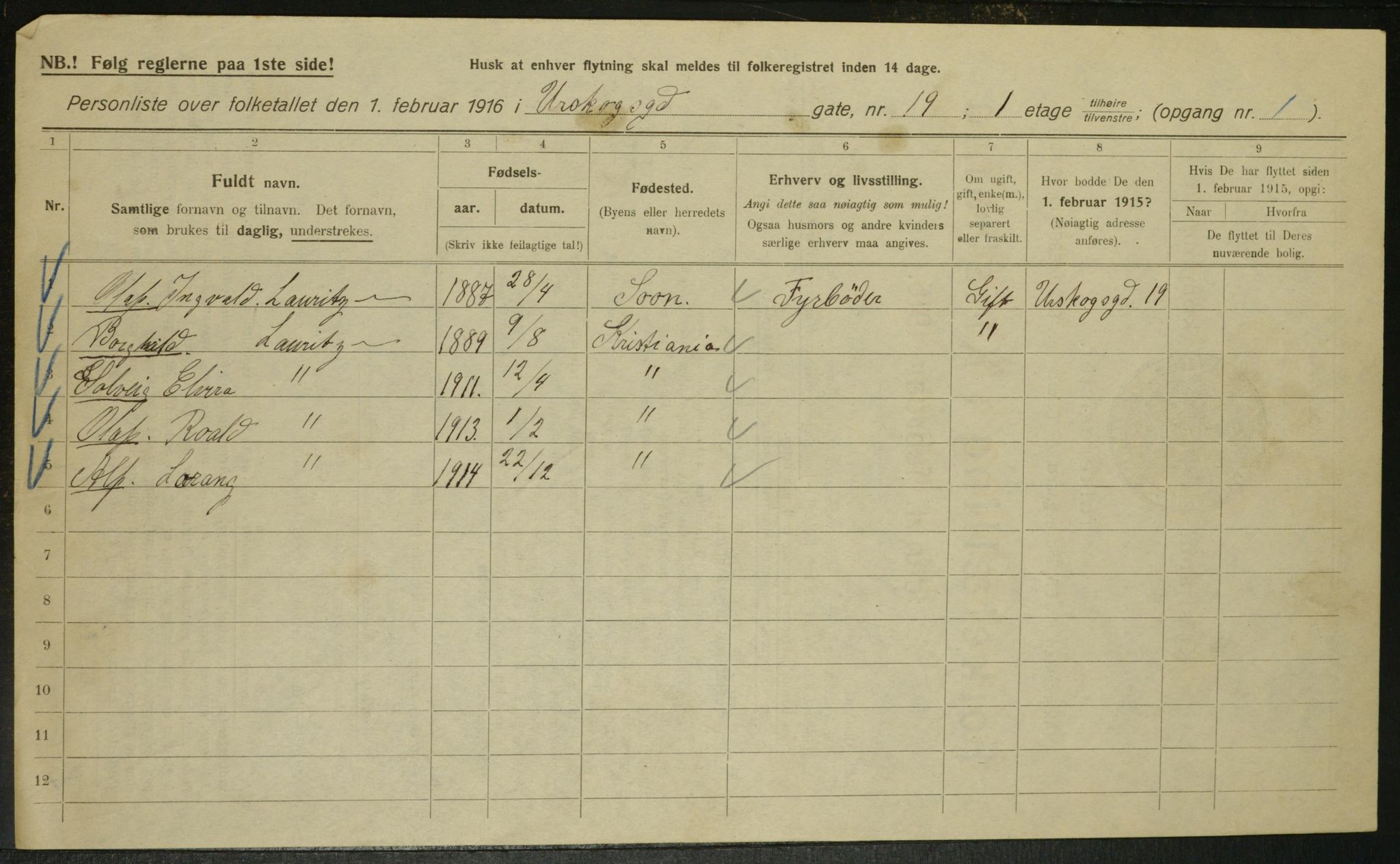 OBA, Kommunal folketelling 1.2.1916 for Kristiania, 1916, s. 2719