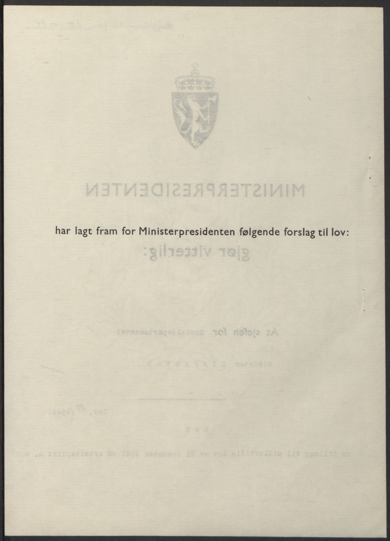 NS-administrasjonen 1940-1945 (Statsrådsekretariatet, de kommisariske statsråder mm), RA/S-4279/D/Db/L0100: Lover, 1944, s. 381
