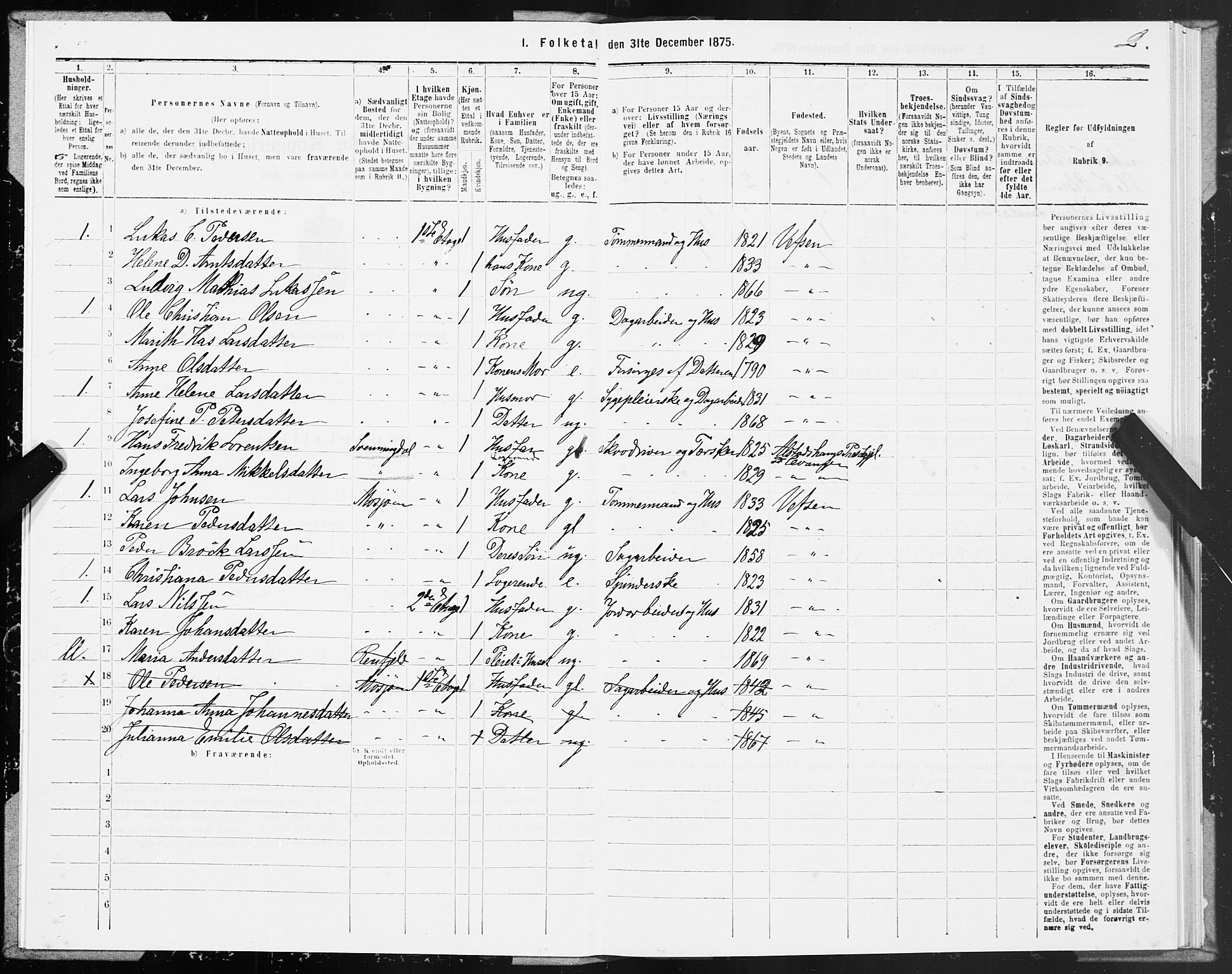 SAT, Folketelling 1875 for 1802B Vefsn prestegjeld, Mosjøen ladested, 1875, s. 2