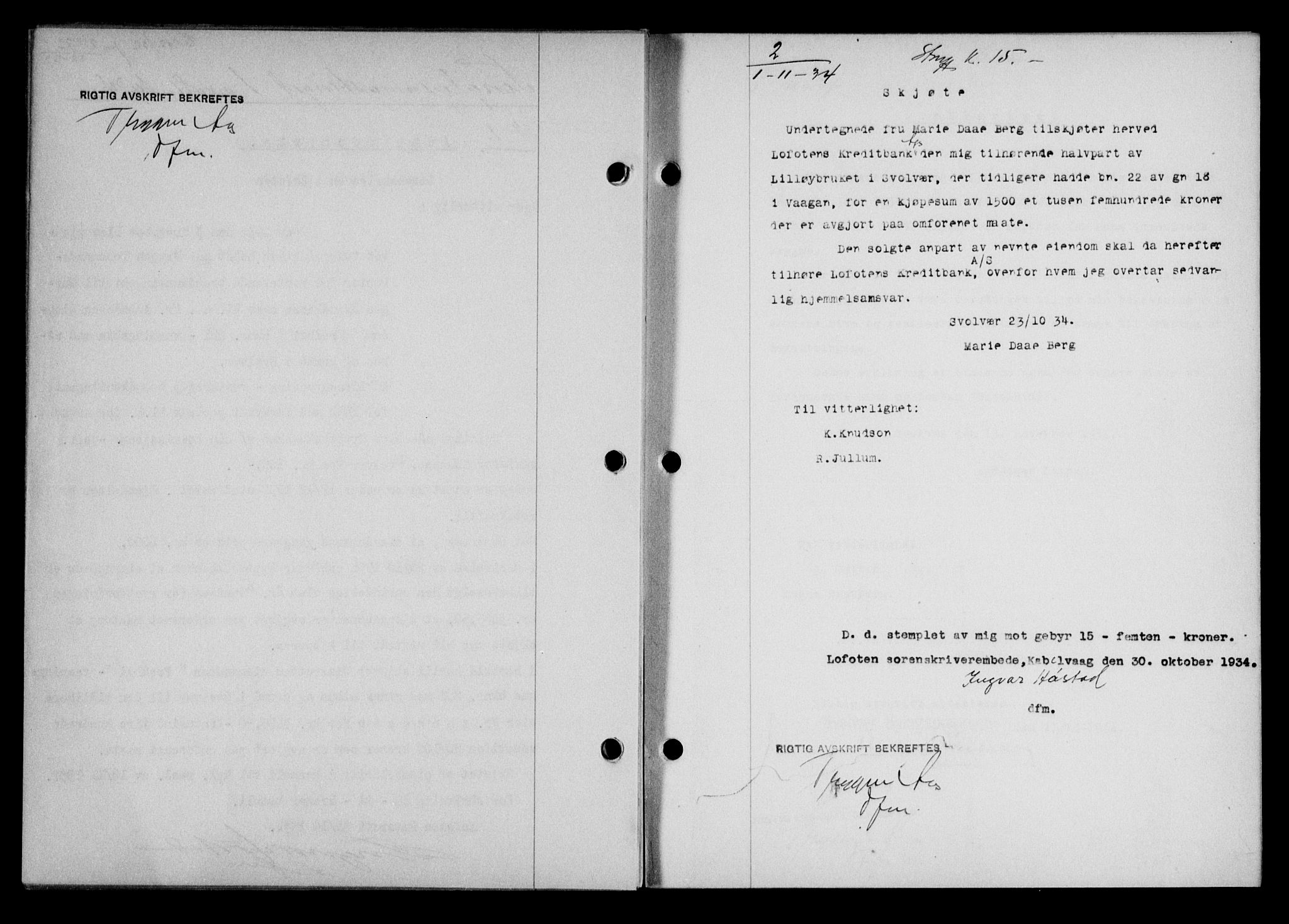 Lofoten sorenskriveri, SAT/A-0017/1/2/2C/L0030b: Pantebok nr. 30b, 1934-1934, Tingl.dato: 01.11.1934