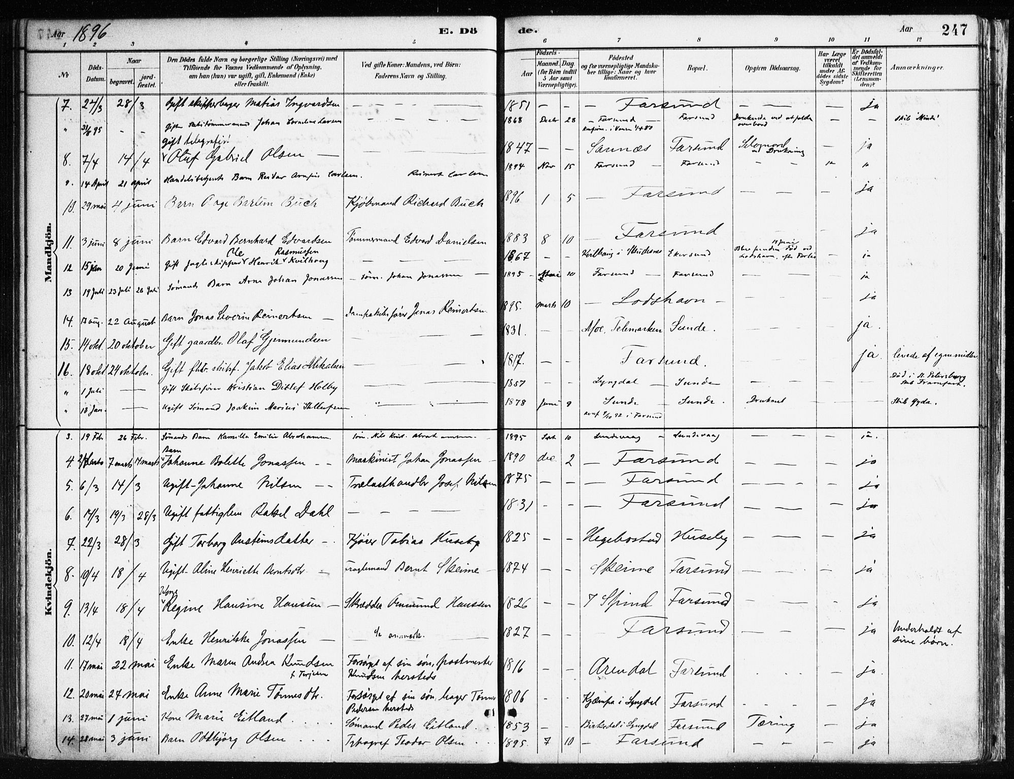 Farsund sokneprestkontor, AV/SAK-1111-0009/F/Fa/L0006: Ministerialbok nr. A 6, 1887-1920, s. 247