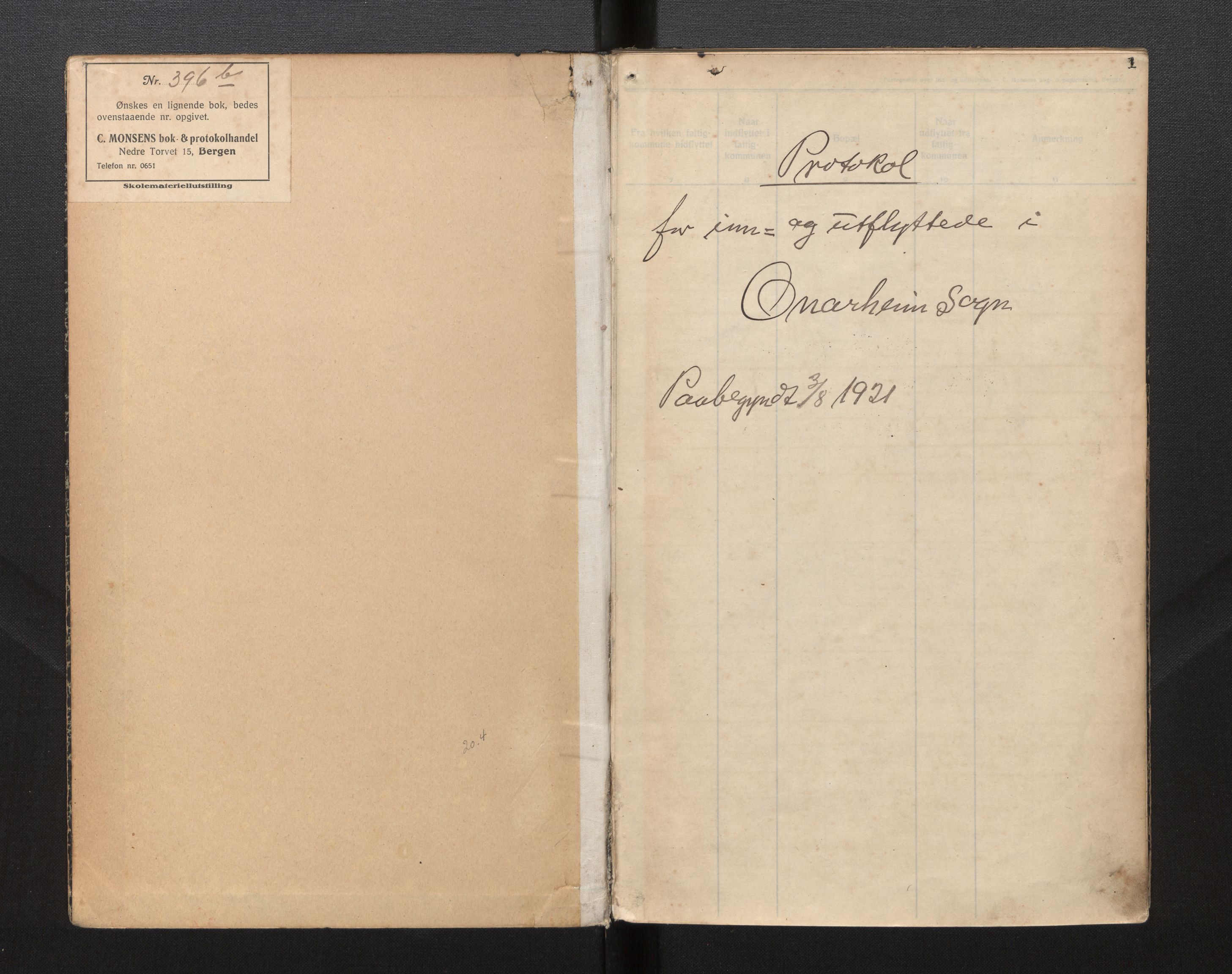 Lensmannen i Tysnes, SAB/A-35401/0020/L0004: Protokoll over inn- og utflytte, Onarheim, 1921-1943