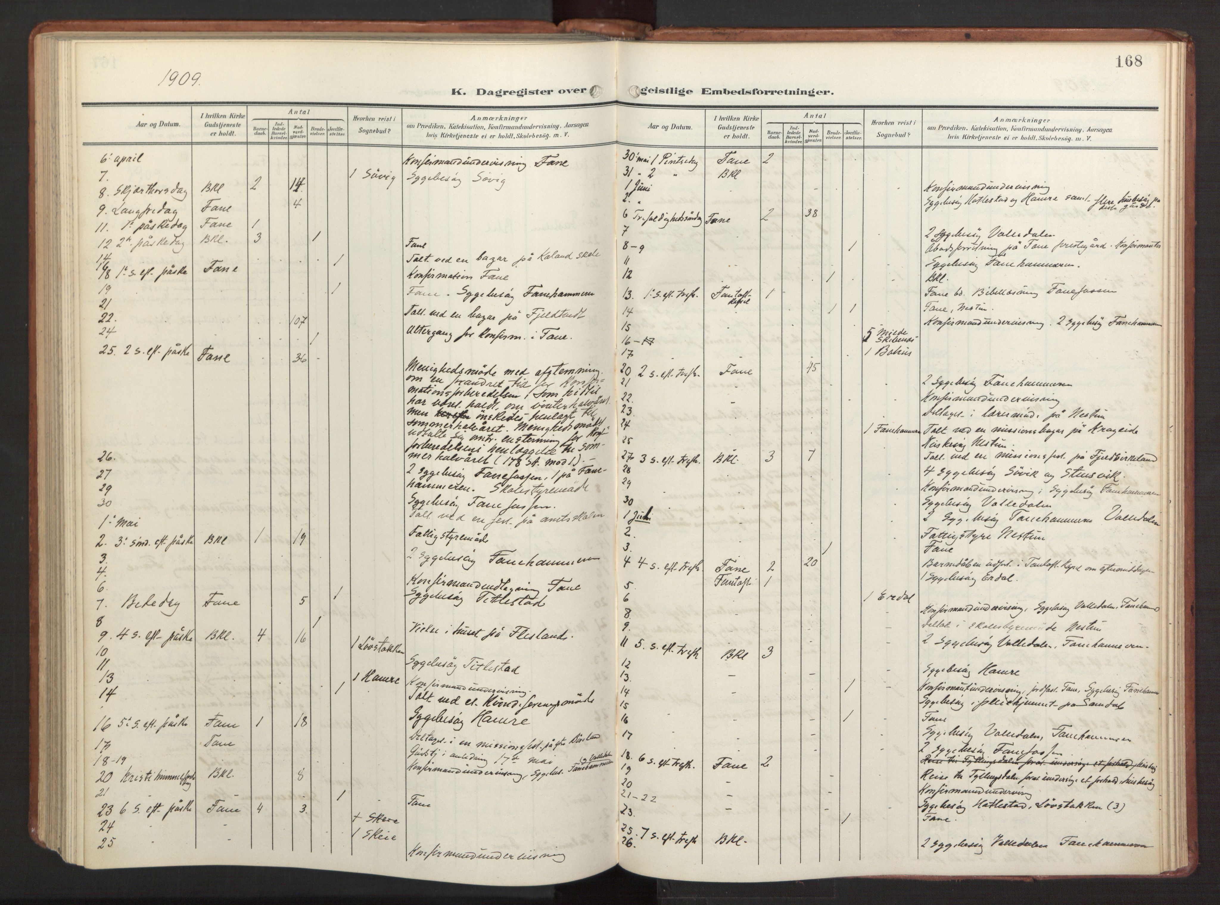 Fana Sokneprestembete, AV/SAB-A-75101/H/Haa/Haab/L0004: Ministerialbok nr. B 4, 1908-1915, s. 168