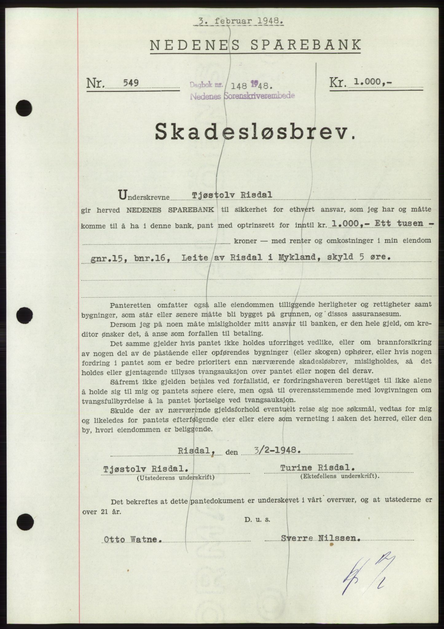 Nedenes sorenskriveri, AV/SAK-1221-0006/G/Gb/Gbb/L0005: Pantebok nr. B5, 1948-1948, Dagboknr: 148/1948
