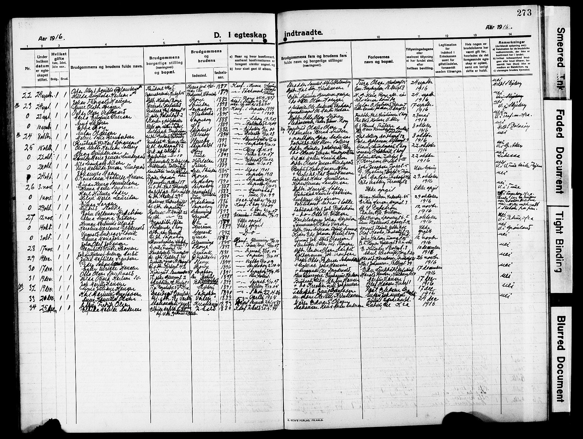 Sarpsborg prestekontor Kirkebøker, AV/SAO-A-2006/G/Ga/L0002: Klokkerbok nr. 2, 1912-1931, s. 273