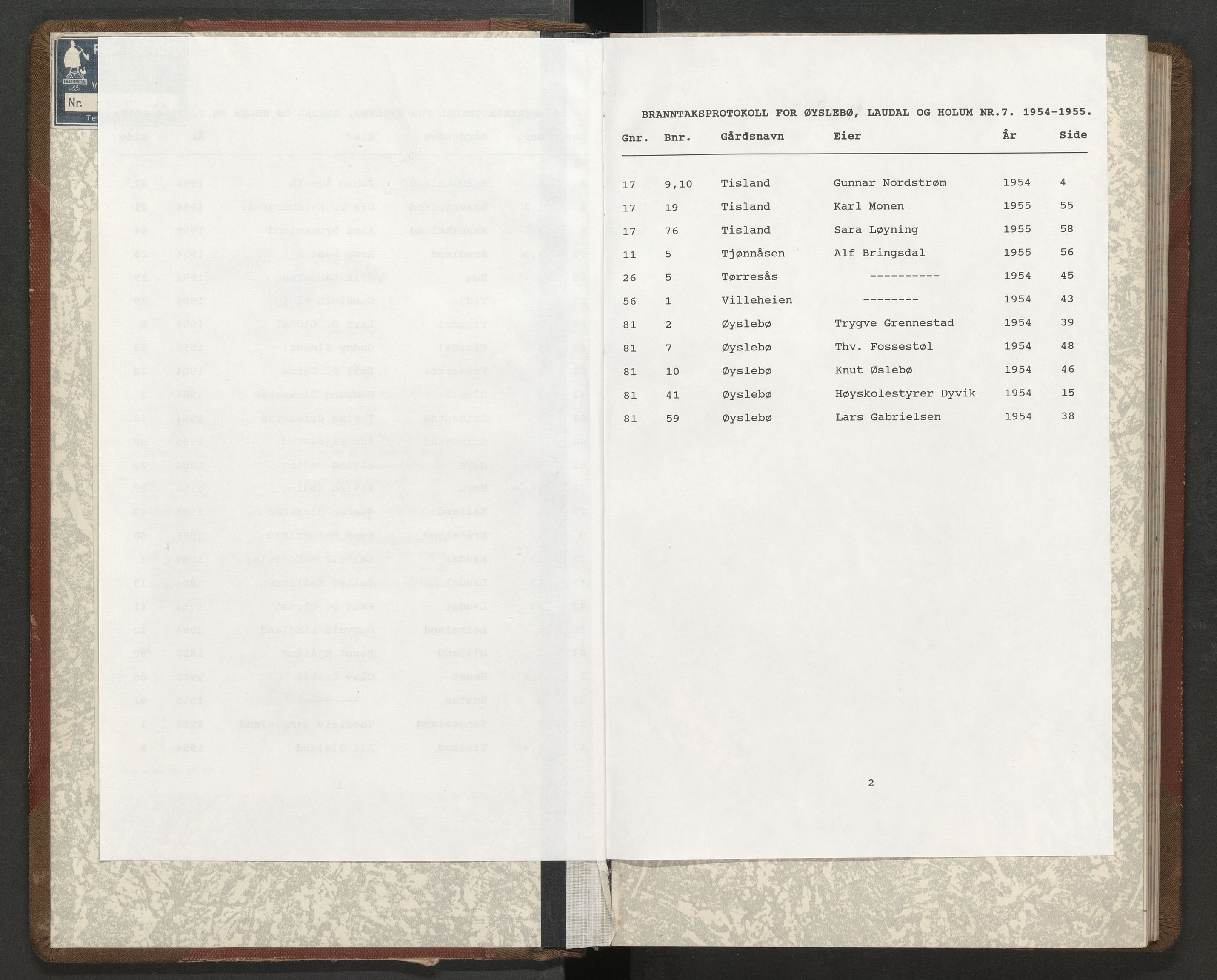 Norges Brannkasse Øyslebø og Laudal, AV/SAK-2241-0060/F/Fa/L0007: Branntakstprotokoll nr. 7 for Øyslebø, Laudal og Holum med gårdsnavnregister, 1954-1955