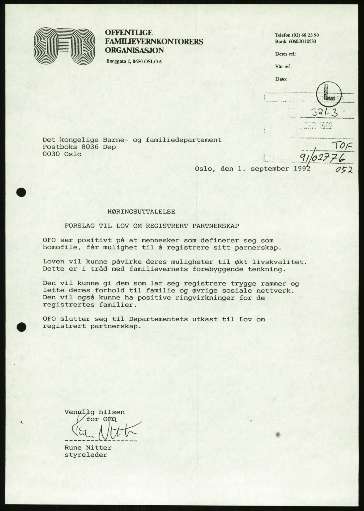 Det Norske Forbundet av 1948/Landsforeningen for Lesbisk og Homofil Frigjøring, AV/RA-PA-1216/D/Da/L0002: Partnerskapsloven, 1984-1993, s. 351