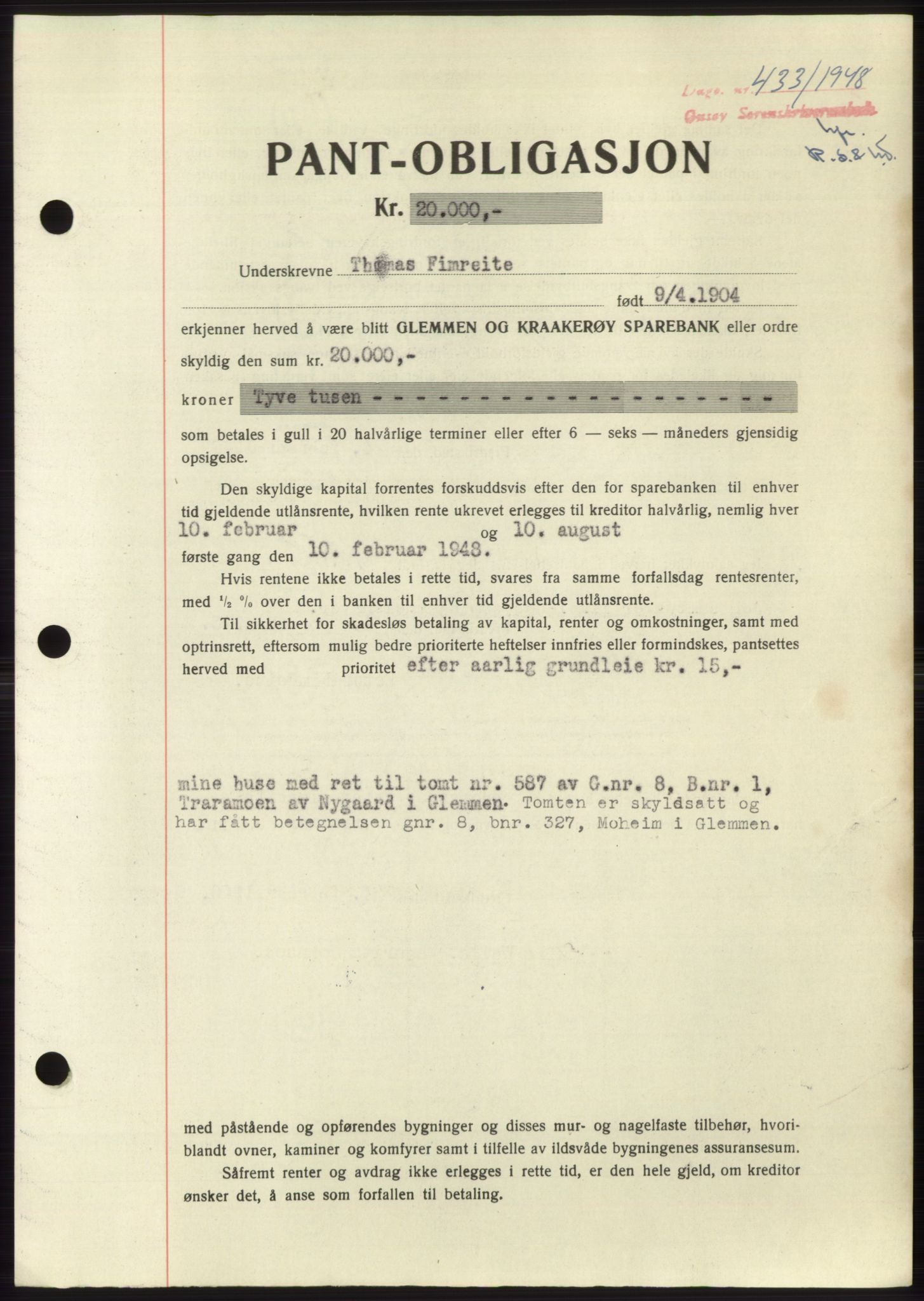 Onsøy sorenskriveri, SAO/A-10474/G/Ga/Gac/L0006: Pantebok nr. B 12-6, 1947-1948, Dagboknr: 433/1948