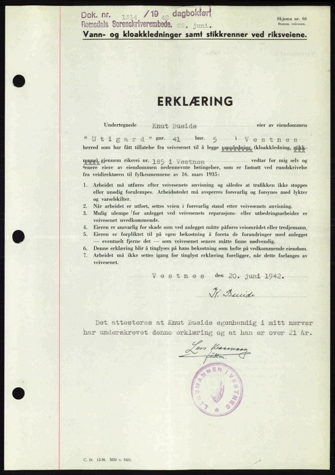 Romsdal sorenskriveri, SAT/A-4149/1/2/2C: Pantebok nr. A12, 1942-1942, Dagboknr: 1314/1942