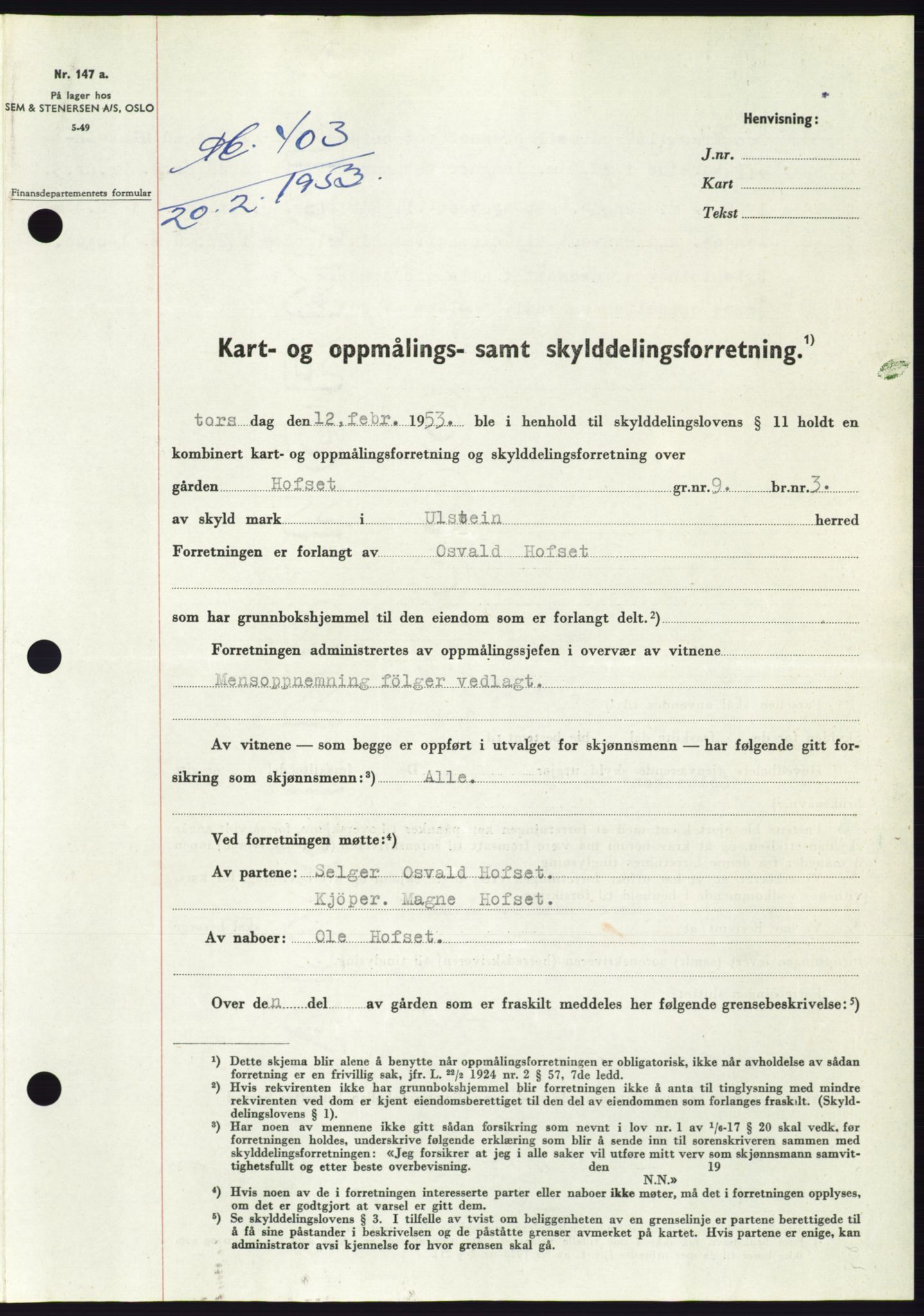 Søre Sunnmøre sorenskriveri, SAT/A-4122/1/2/2C/L0094: Pantebok nr. 20A, 1953-1953, Dagboknr: 403/1953