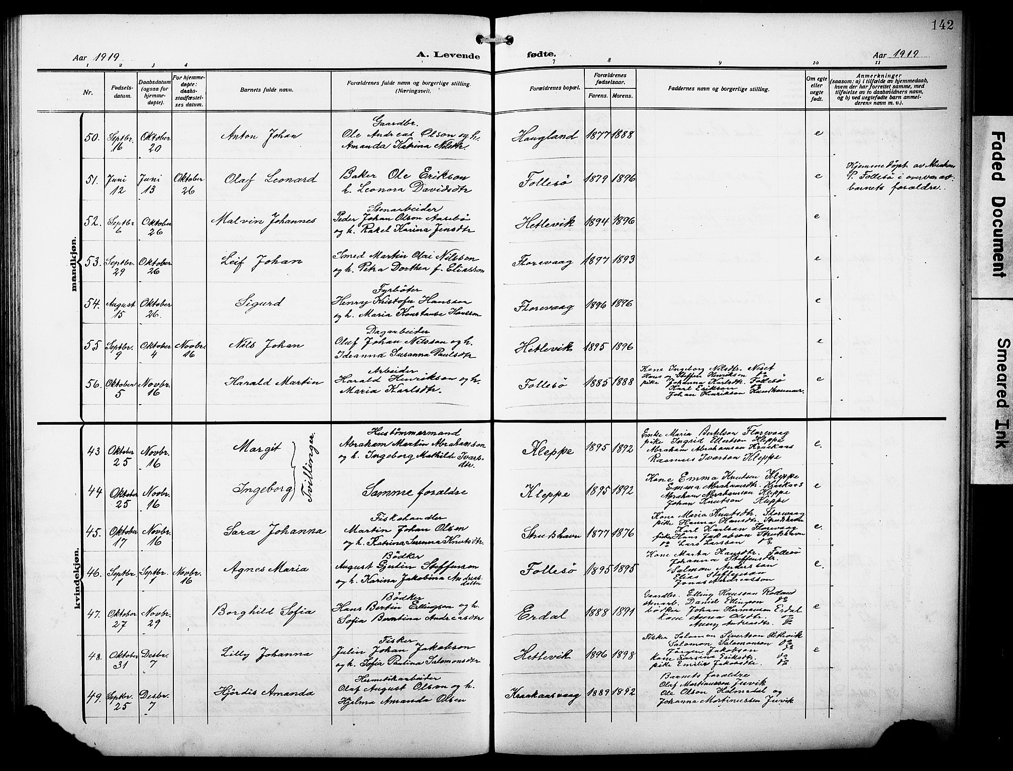 Askøy Sokneprestembete, SAB/A-74101/H/Ha/Hab/Haba/L0011: Klokkerbok nr. A 11, 1908-1931, s. 142