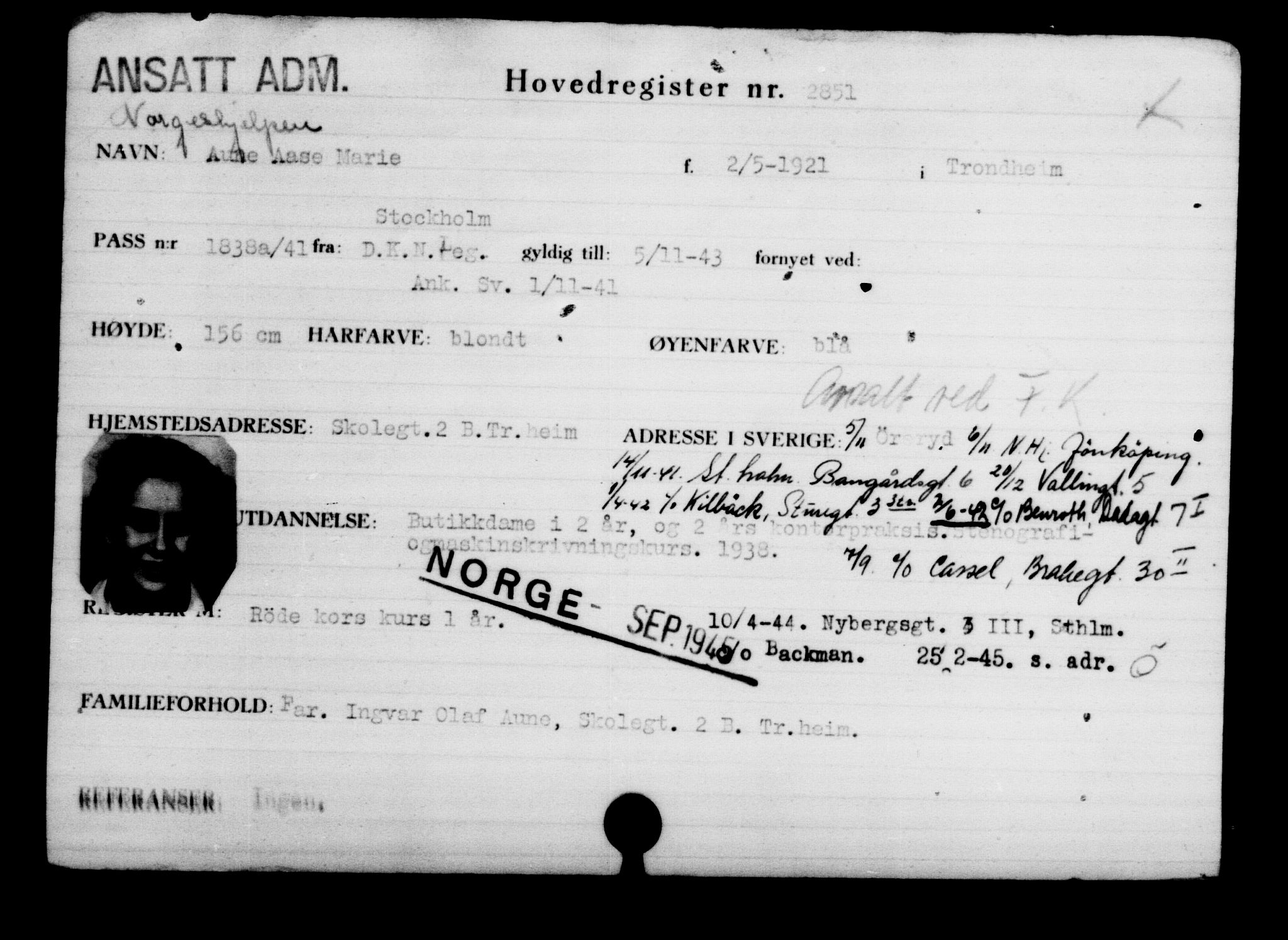 Utenriksstasjonene, Legasjonen i Stockholm, Flyktningkontoret, AV/RA-S-6753/V/Va/L0003: Kjesäterkartoteket, flyktninger med registreringsnr. 2001-3495, 1940-1945, s. 1249