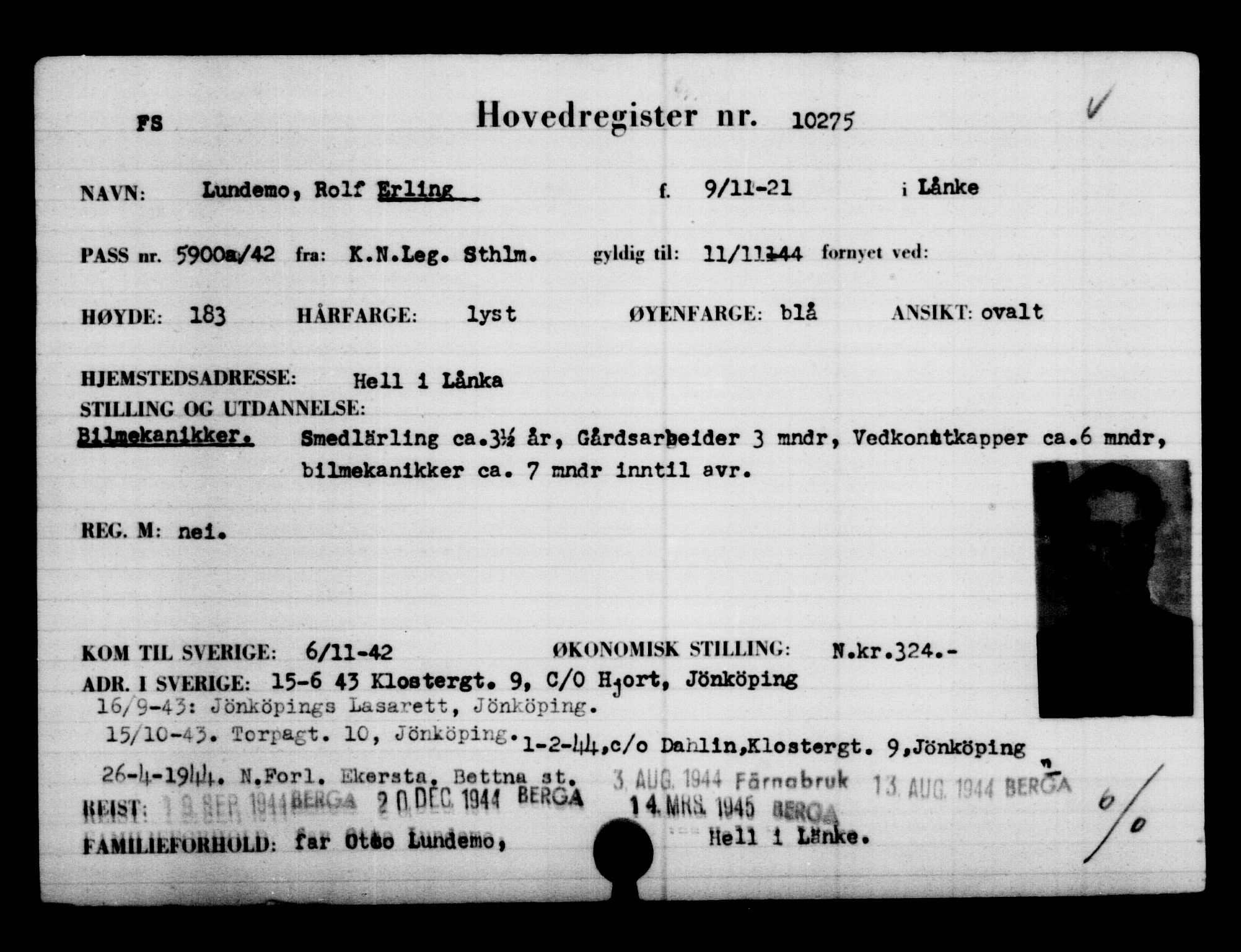 Utenriksstasjonene, Legasjonen i Stockholm, Flyktningkontoret, AV/RA-S-6753/V/Va/L0006: Kjesäterkartoteket, flyktninger med registreringsnr. 9400-12711, 1940-1945, s. 1006