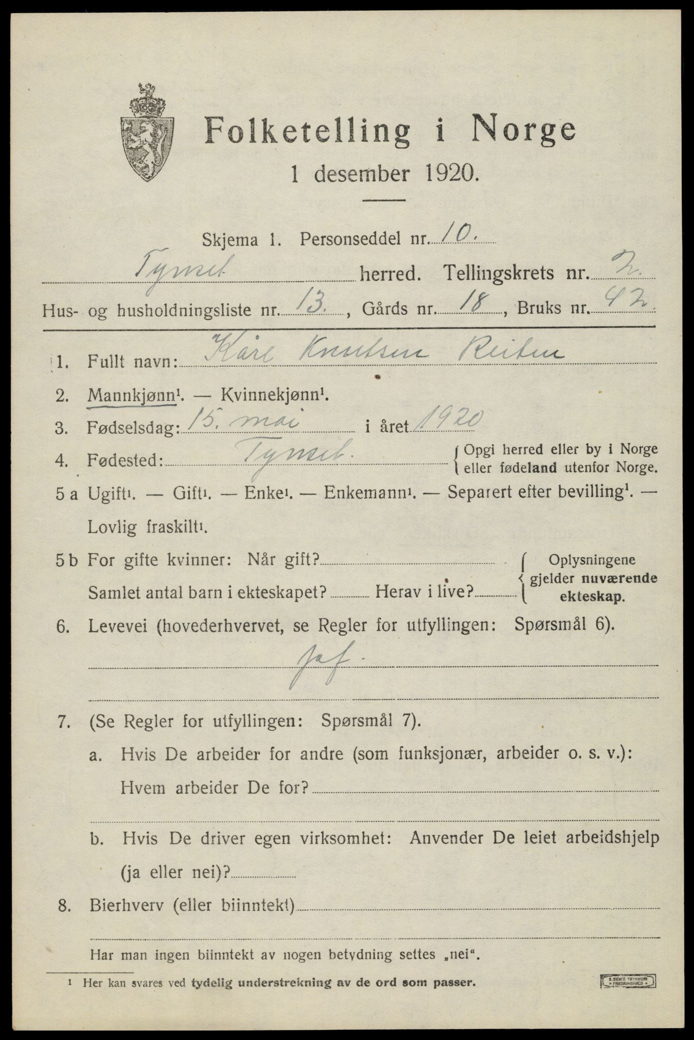 SAH, Folketelling 1920 for 0437 Tynset herred, 1920, s. 2444