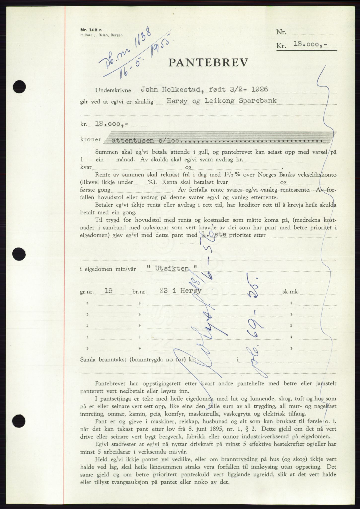 Søre Sunnmøre sorenskriveri, AV/SAT-A-4122/1/2/2C/L0126: Pantebok nr. 14B, 1954-1955, Dagboknr: 1138/1955