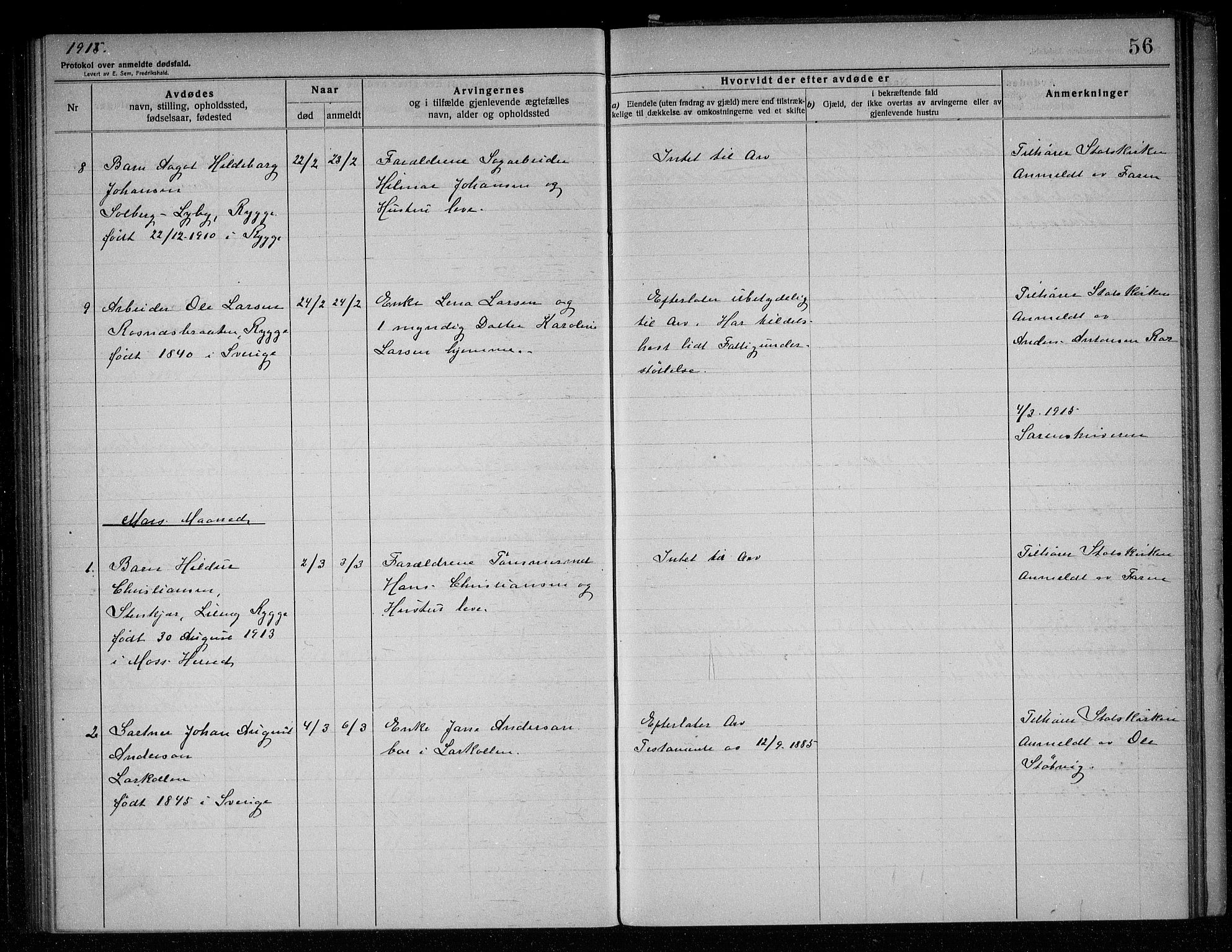 Rygge lensmannskontor, AV/SAO-A-10005/H/Ha/Haa/L0005: Dødsfallsprotokoll, 1912-1916, s. 56