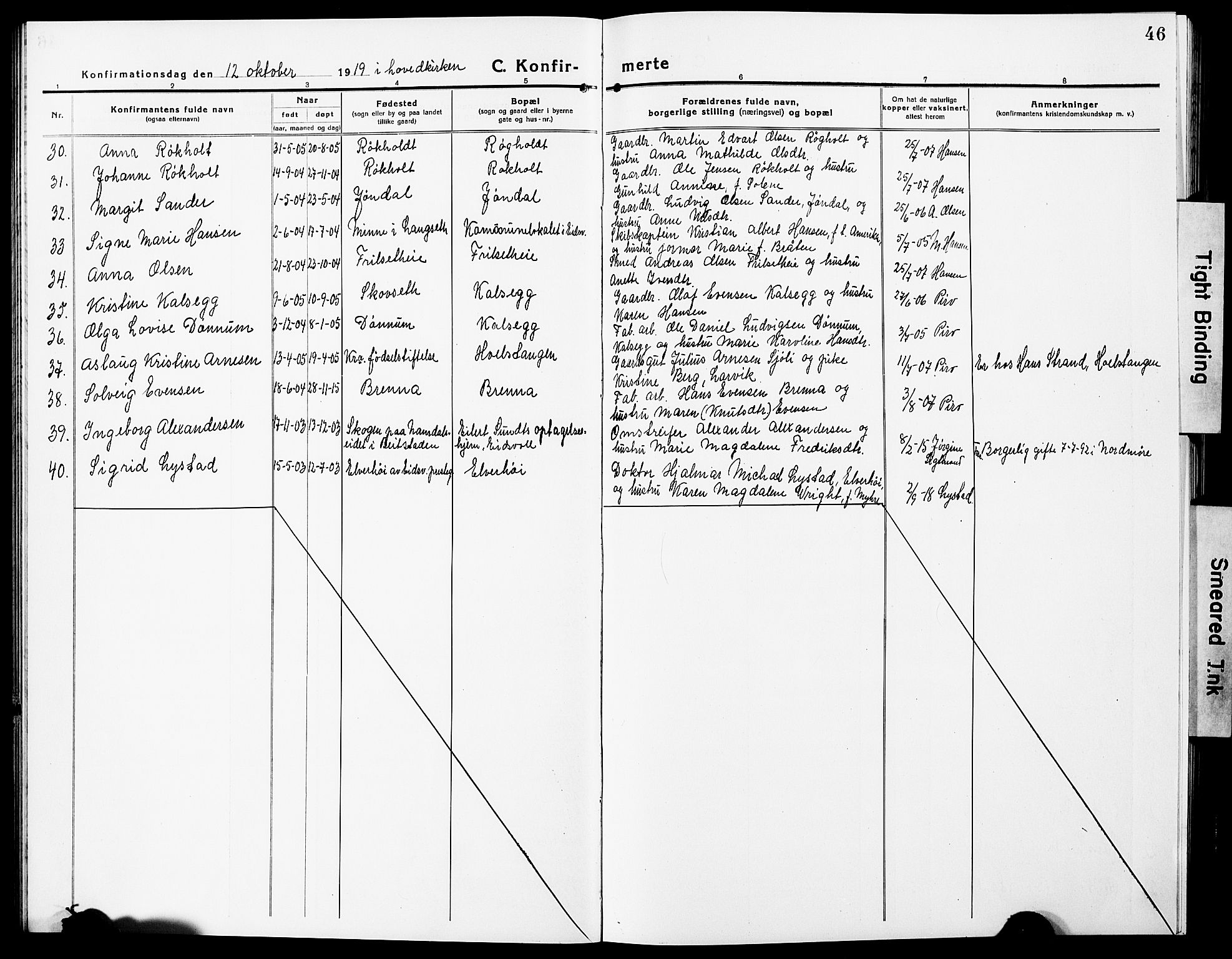 Eidsvoll prestekontor Kirkebøker, AV/SAO-A-10888/G/Ga/L0009: Klokkerbok nr. I 9, 1914-1927, s. 46