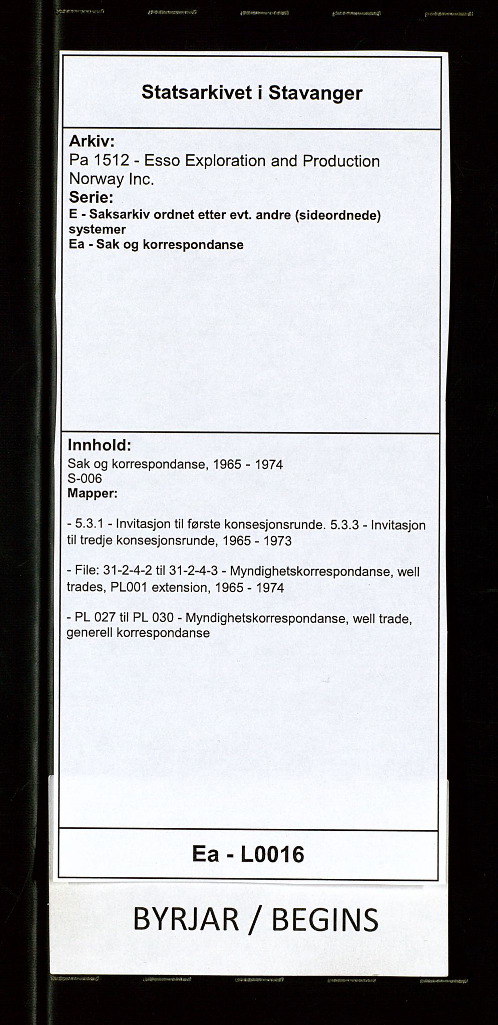 Pa 1512 - Esso Exploration and Production Norway Inc., AV/SAST-A-101917/E/Ea/L0016: Sak og korrespondanse, 1965-1974, s. 1