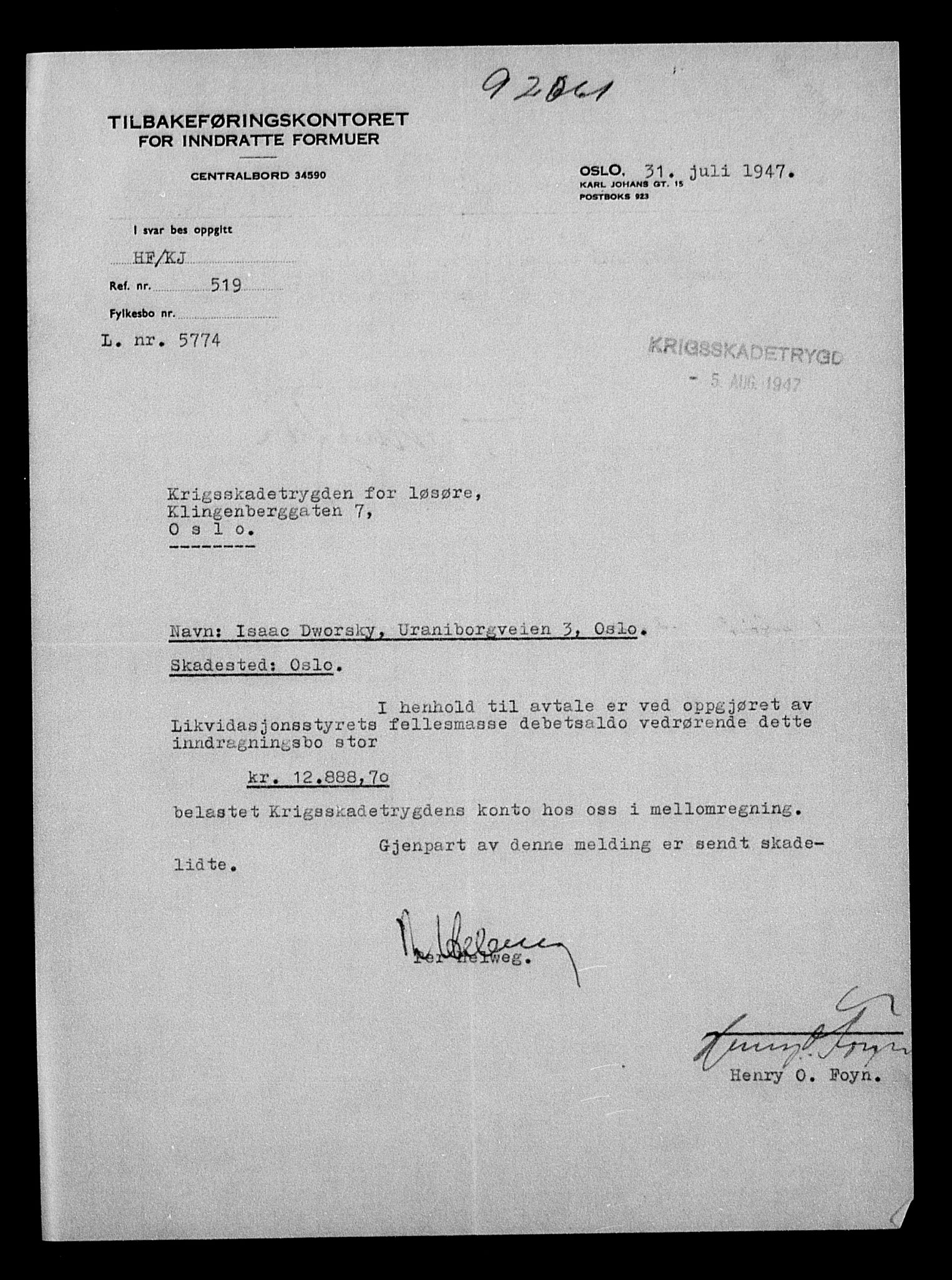 Justisdepartementet, Tilbakeføringskontoret for inndratte formuer, AV/RA-S-1564/H/Hc/Hcc/L0931: --, 1945-1947, s. 435