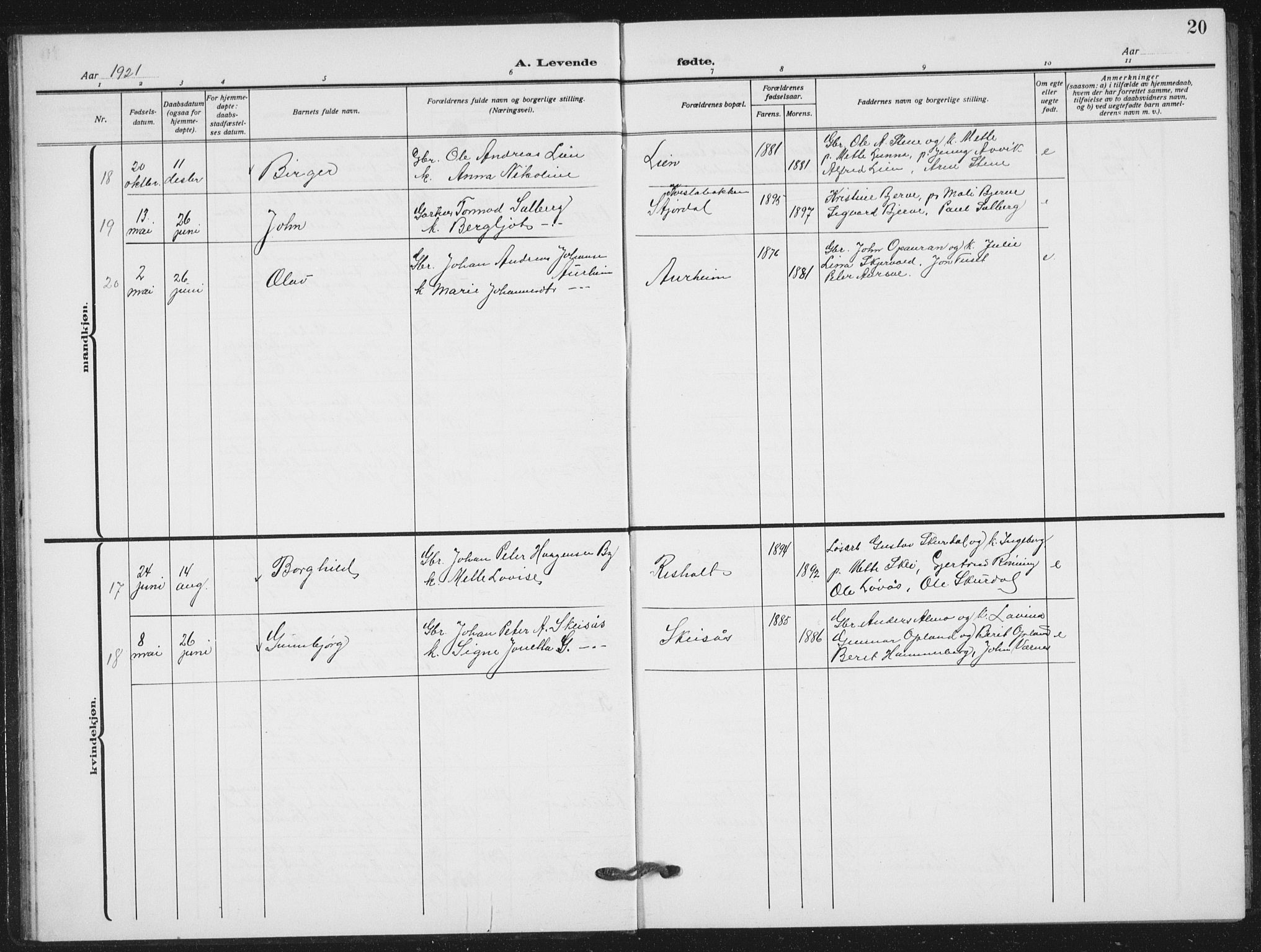 Ministerialprotokoller, klokkerbøker og fødselsregistre - Nord-Trøndelag, AV/SAT-A-1458/712/L0104: Klokkerbok nr. 712C02, 1917-1939, s. 20