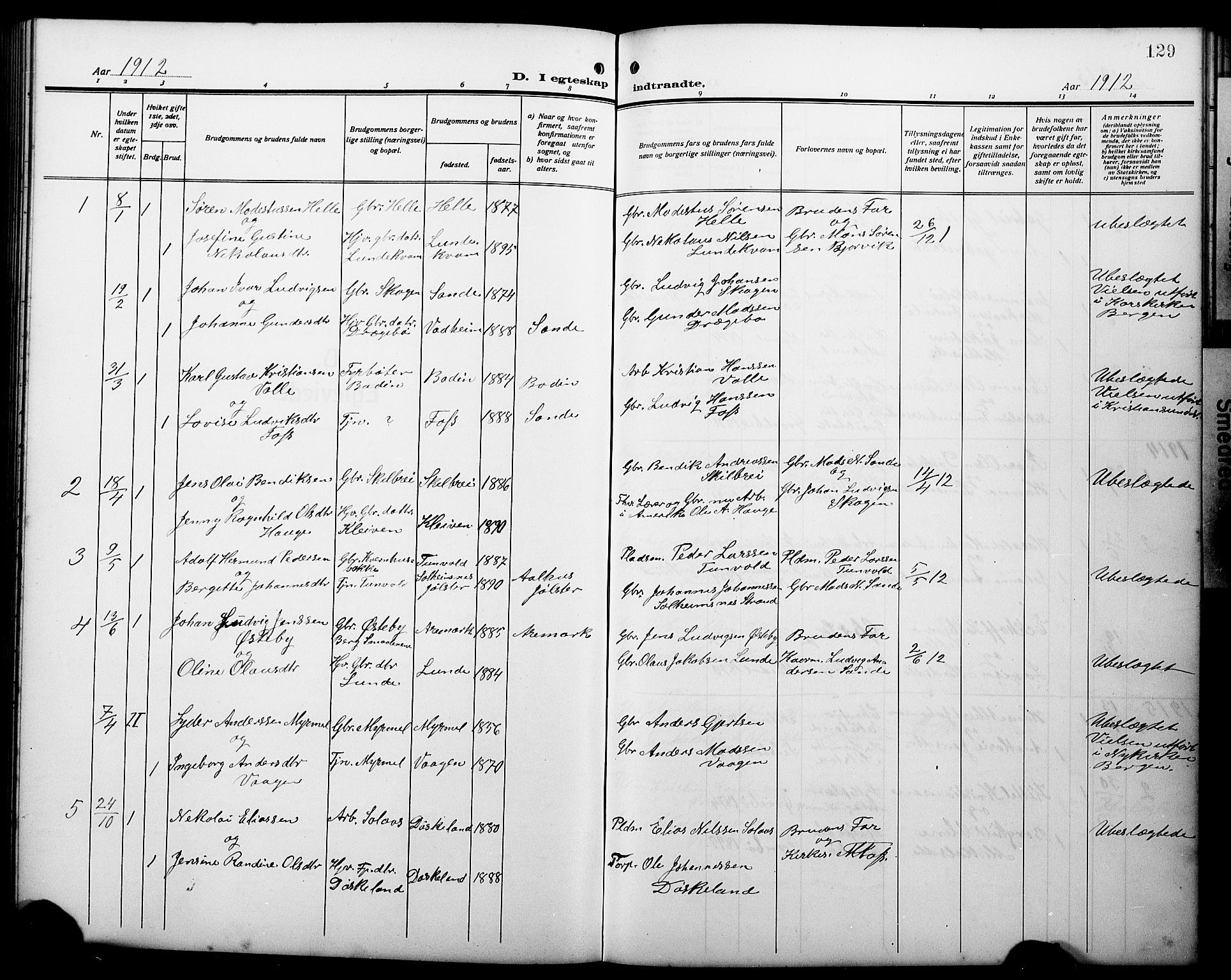 Gaular sokneprestembete, AV/SAB-A-80001/H/Hab: Klokkerbok nr. A 5, 1912-1930, s. 129