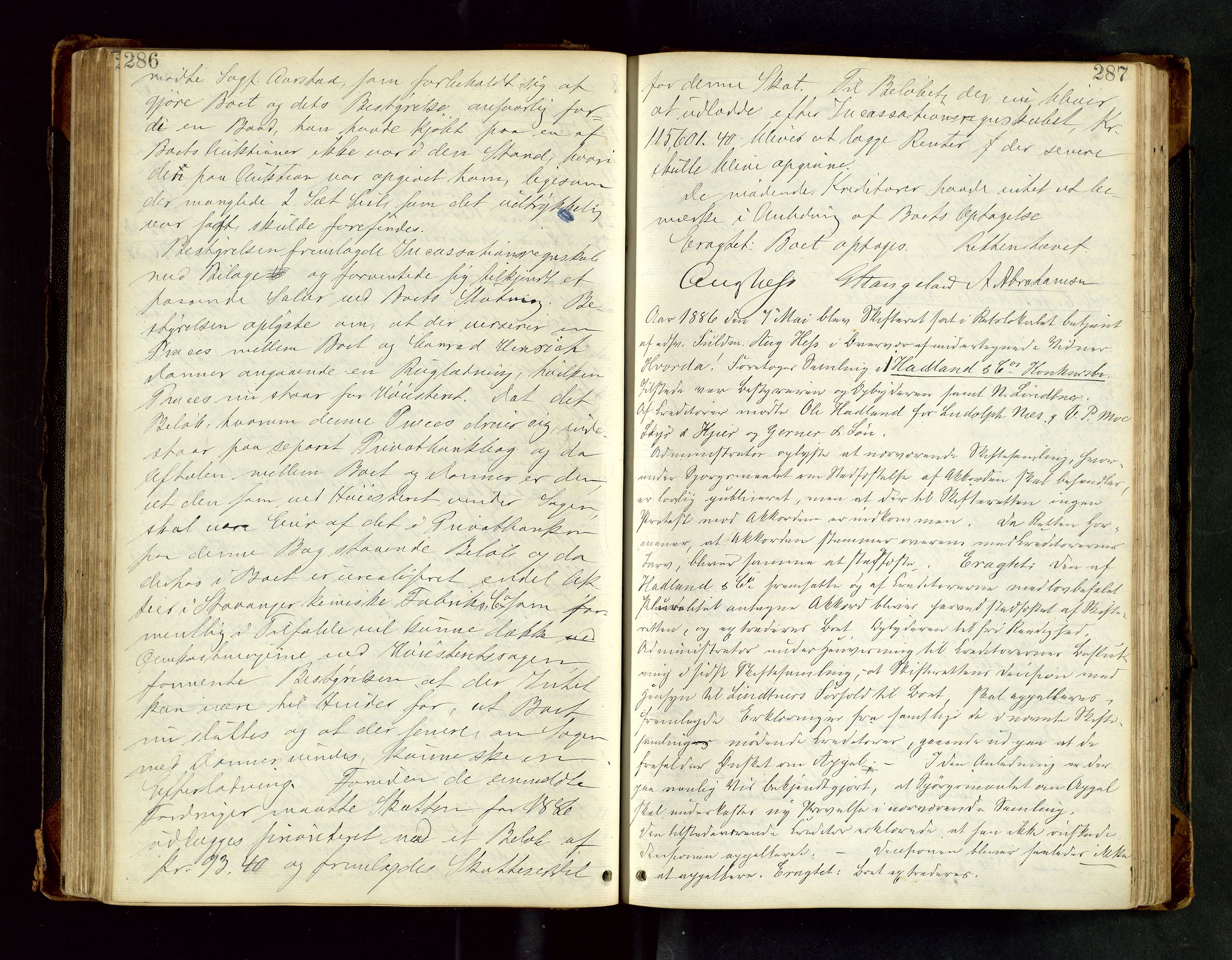 Stavanger byfogd, AV/SAST-A-101408/001/5/50/503BB/L0017: Skifteforhandlingsprotokoll, 1883-1889, s. 286-287