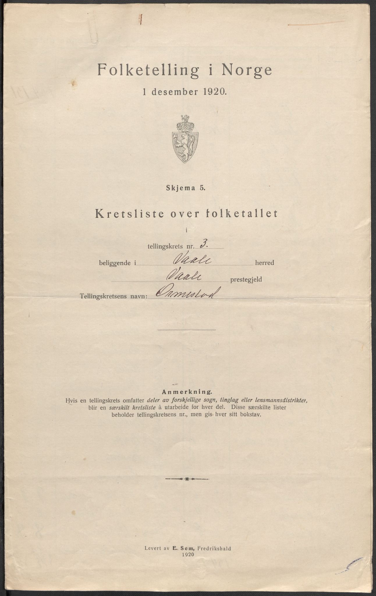 SAKO, Folketelling 1920 for 0716 Våle herred, 1920, s. 13