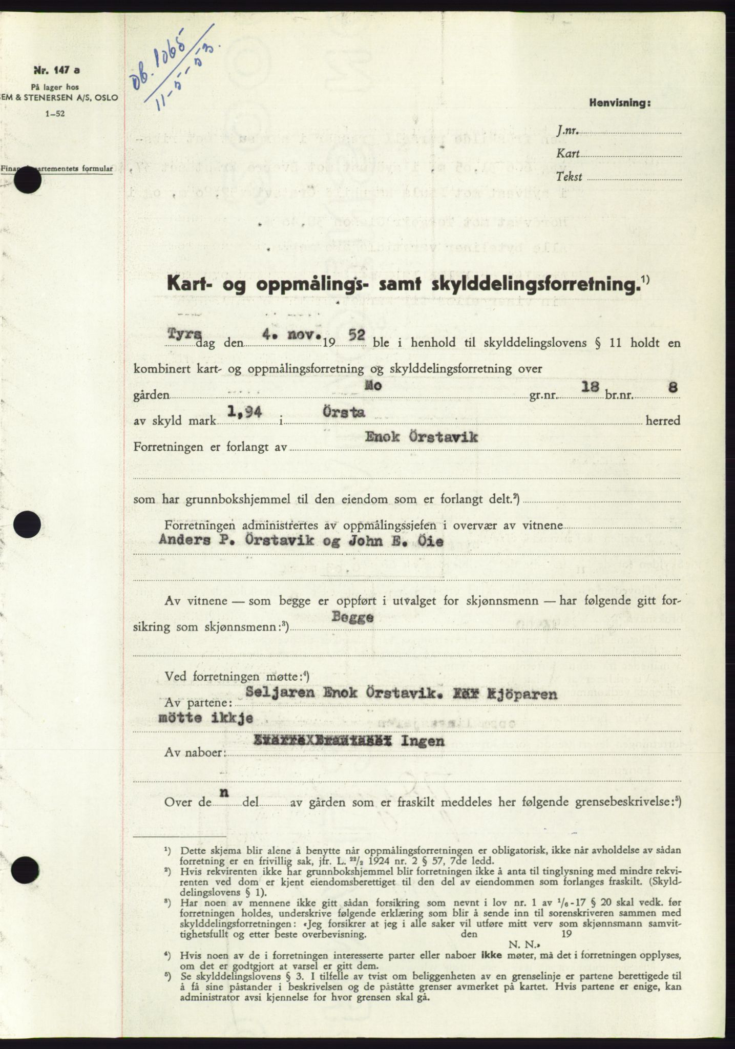 Søre Sunnmøre sorenskriveri, SAT/A-4122/1/2/2C/L0094: Pantebok nr. 20A, 1953-1953, Dagboknr: 1065/1953