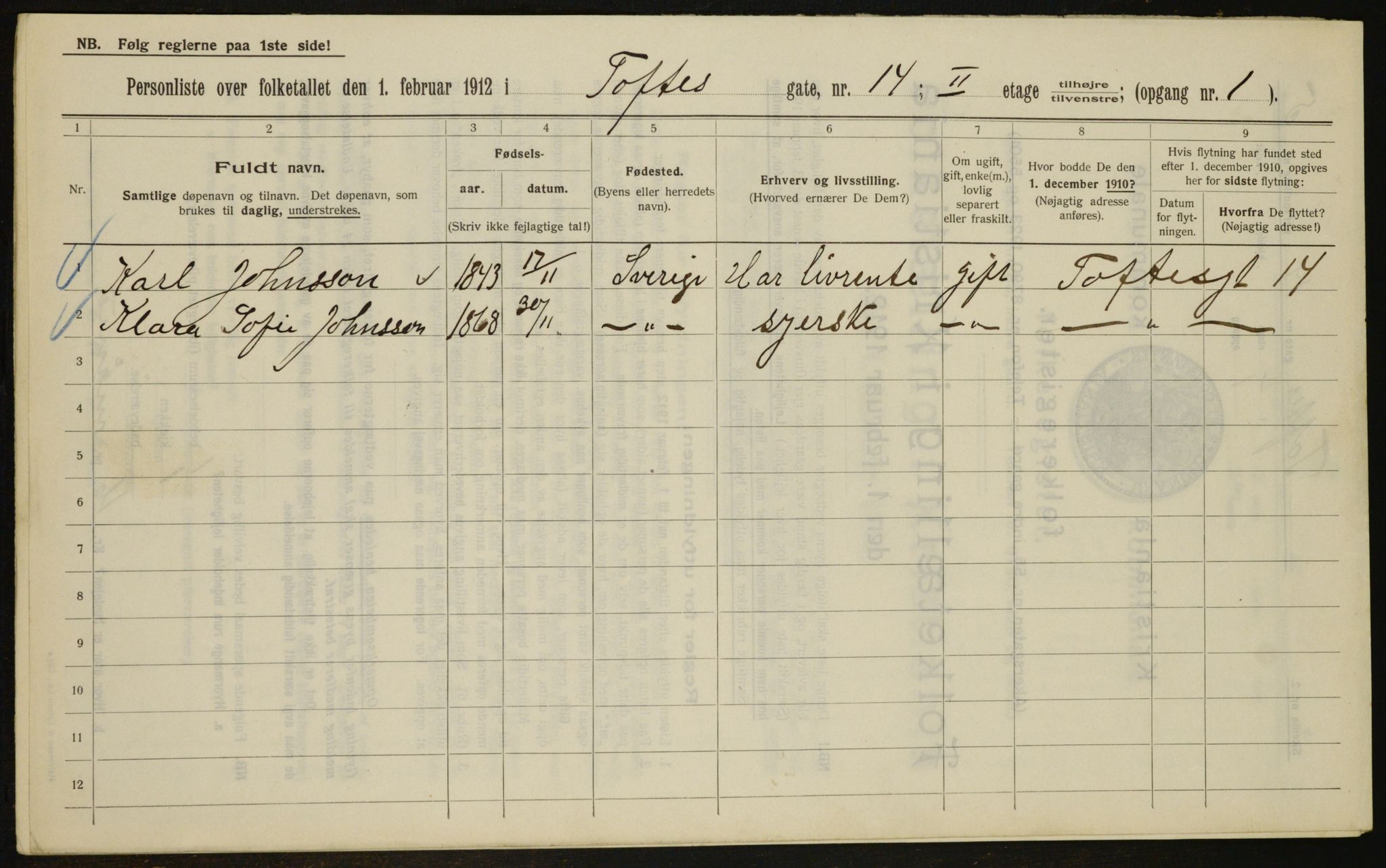 OBA, Kommunal folketelling 1.2.1912 for Kristiania, 1912, s. 111546