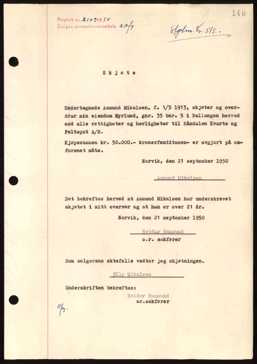 Steigen og Ofoten sorenskriveri, SAT/A-0030/1/2/2C: Pantebok nr. A21, 1950-1950, Dagboknr: 2109/1950