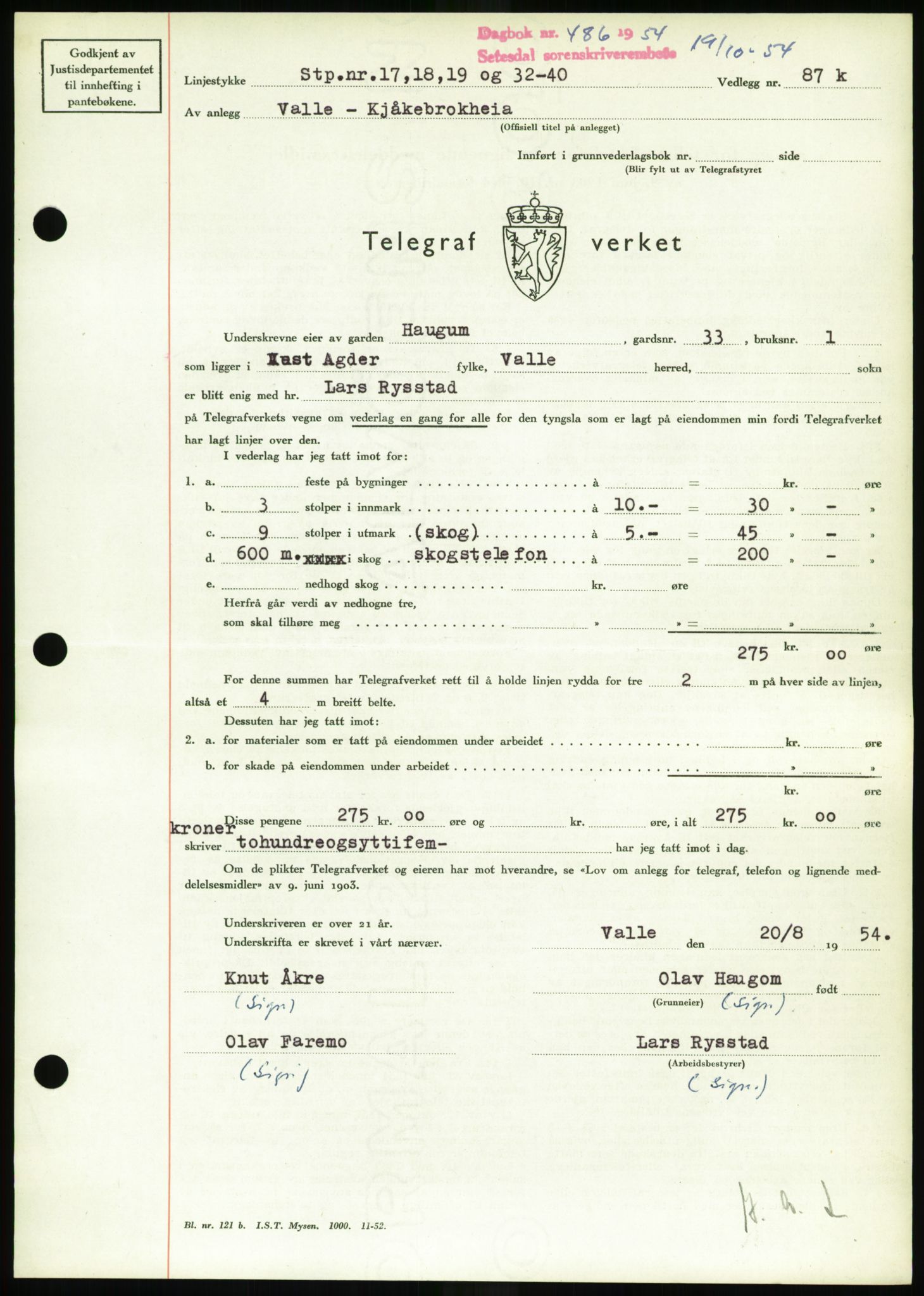 Setesdal sorenskriveri, SAK/1221-0011/G/Gb/L0052: Pantebok nr. B 40, 1954-1955, Dagboknr: 486/1954