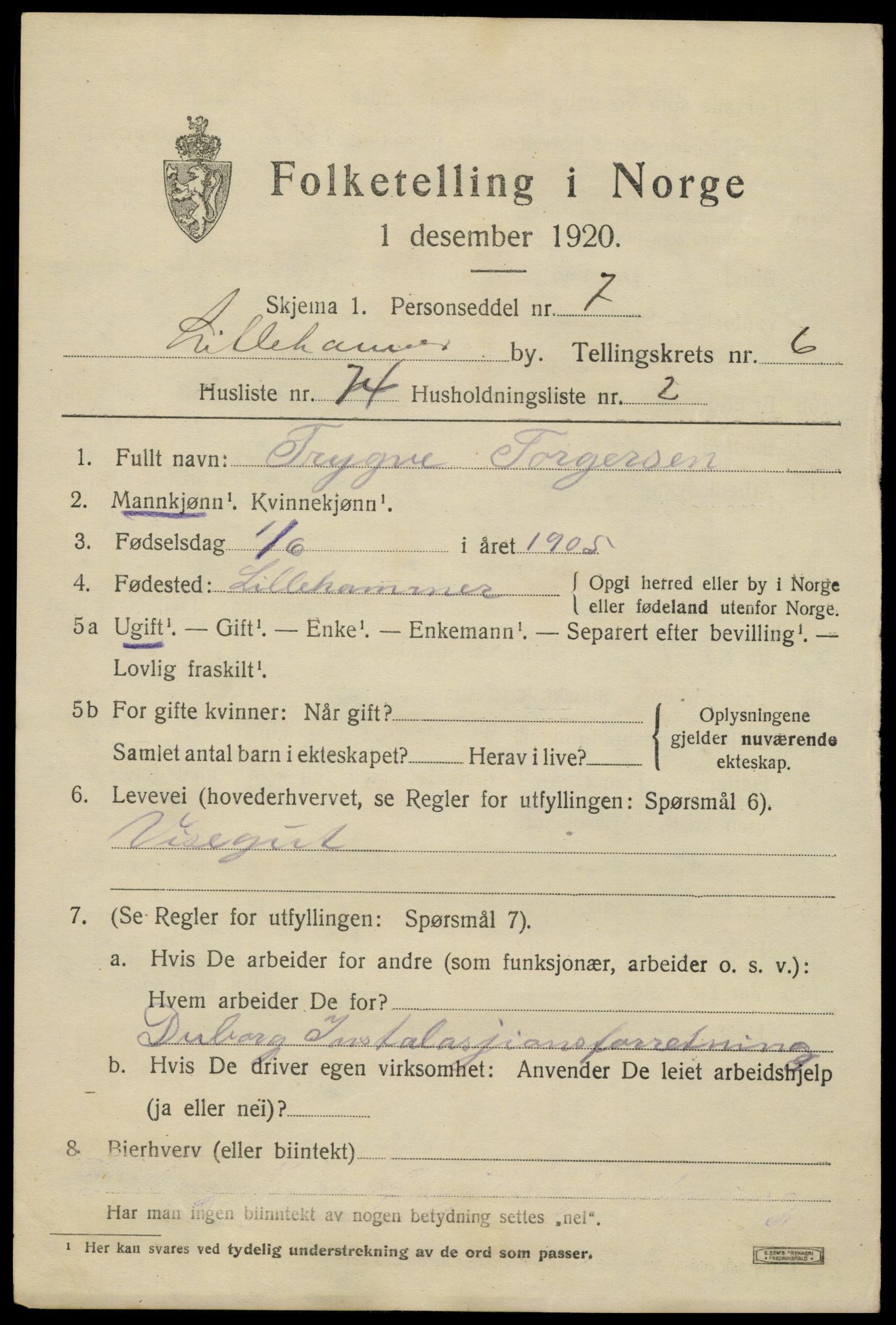 SAH, Folketelling 1920 for 0501 Lillehammer kjøpstad, 1920, s. 9408