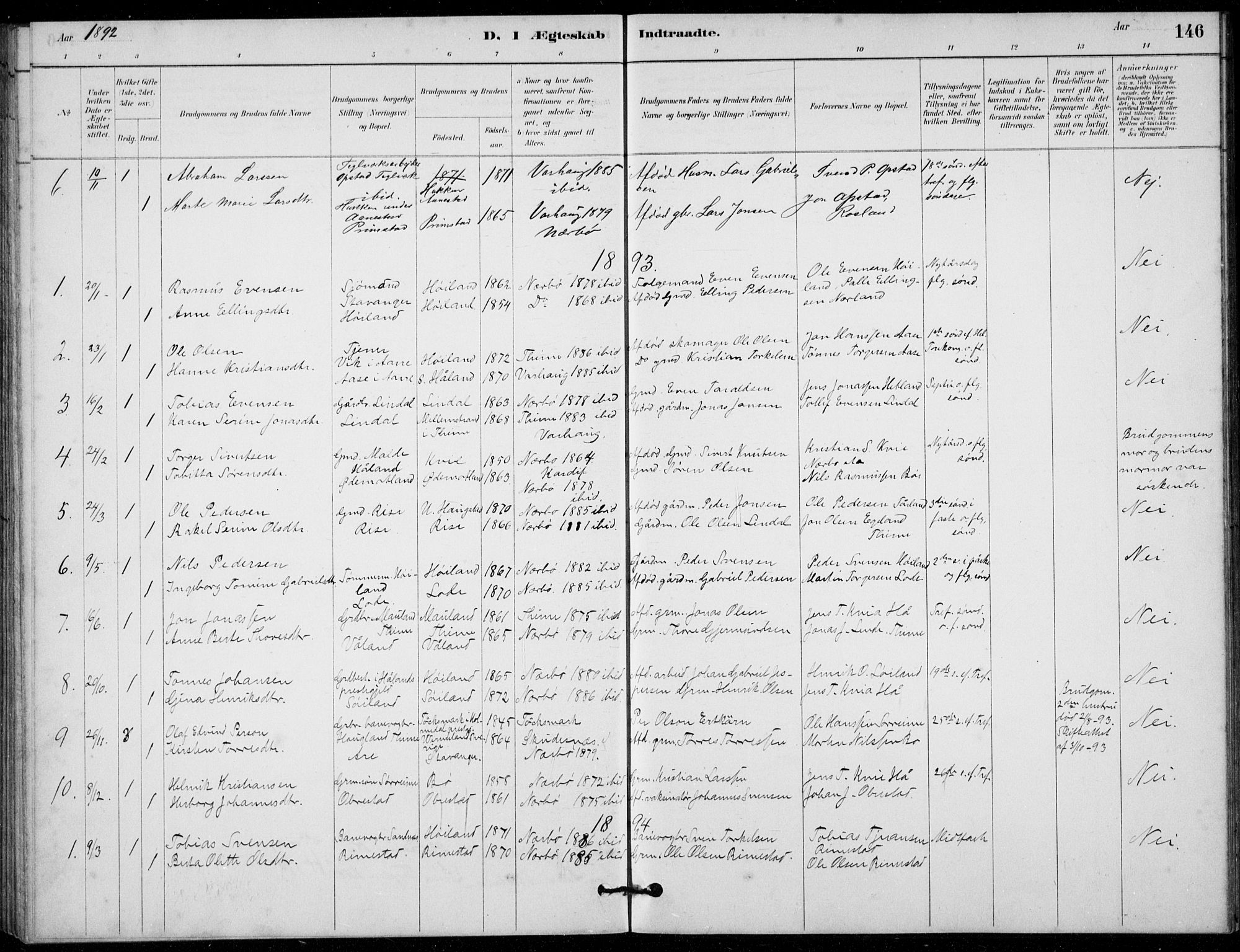 Hå sokneprestkontor, AV/SAST-A-101801/001/30BB/L0003: Klokkerbok nr. B 3, 1883-1894, s. 146