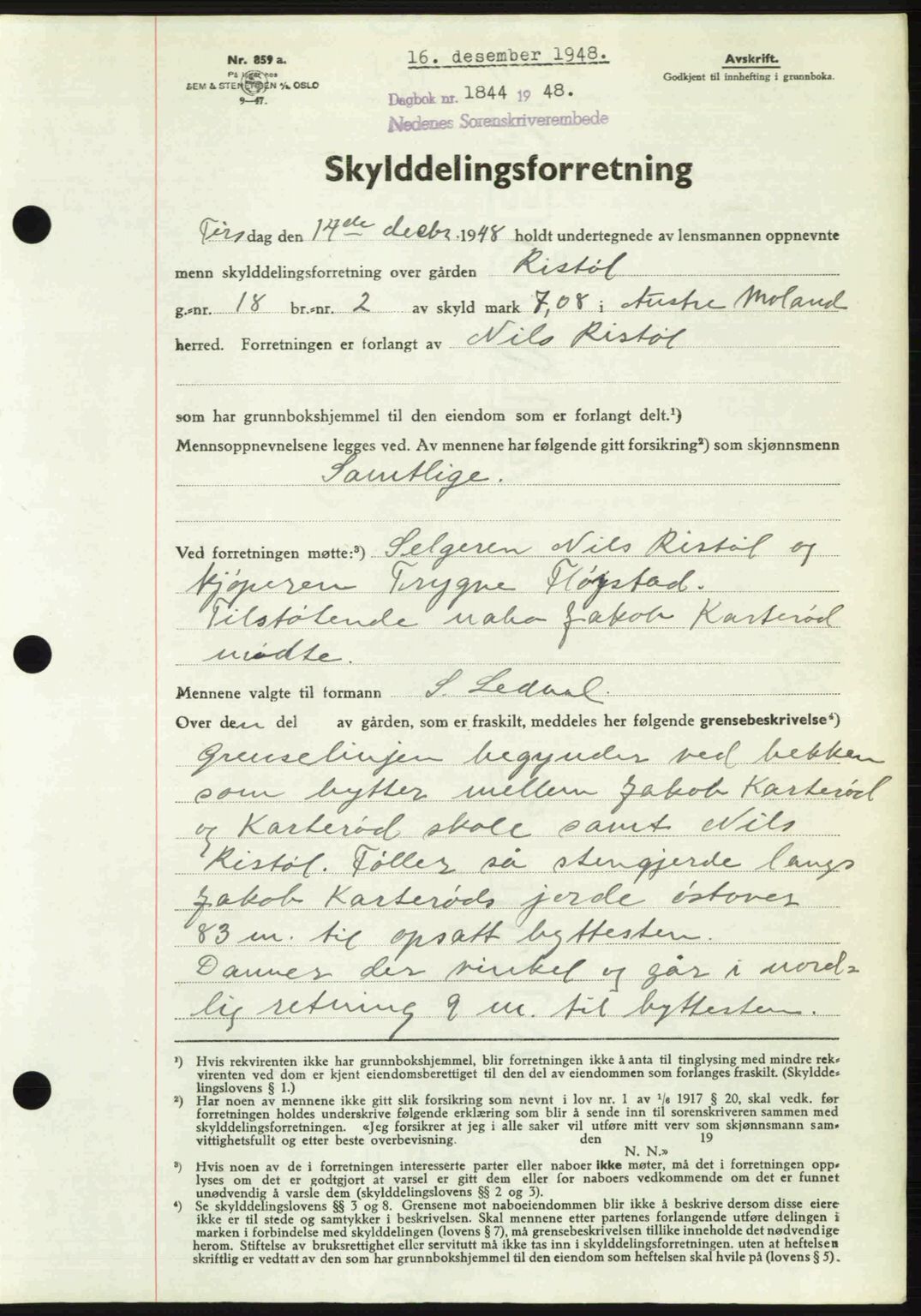 Nedenes sorenskriveri, AV/SAK-1221-0006/G/Gb/Gba/L0060: Pantebok nr. A12, 1948-1949, Dagboknr: 1844/1948