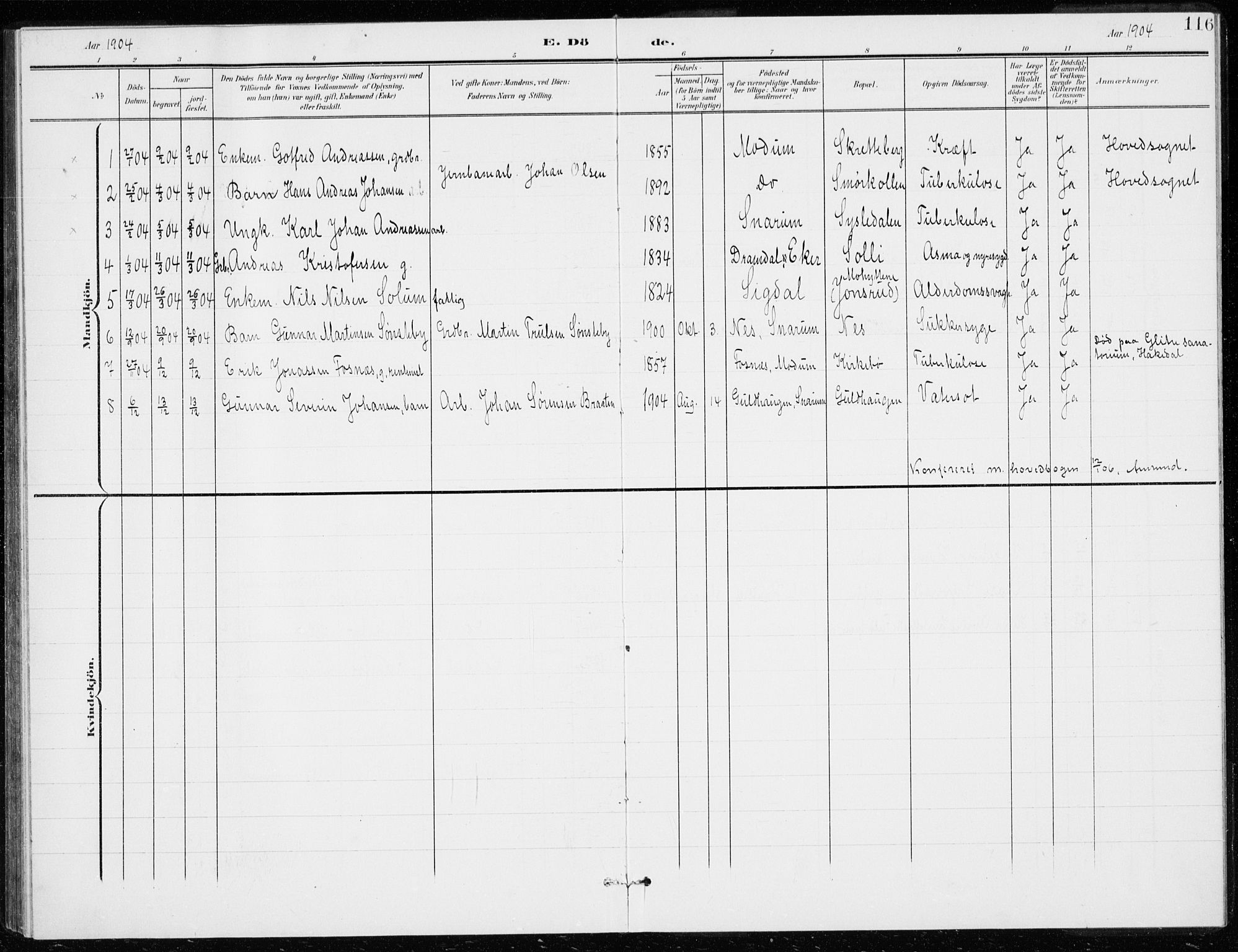 Modum kirkebøker, SAKO/A-234/G/Gd/L0001: Klokkerbok nr. IV 1, 1901-1921, s. 116