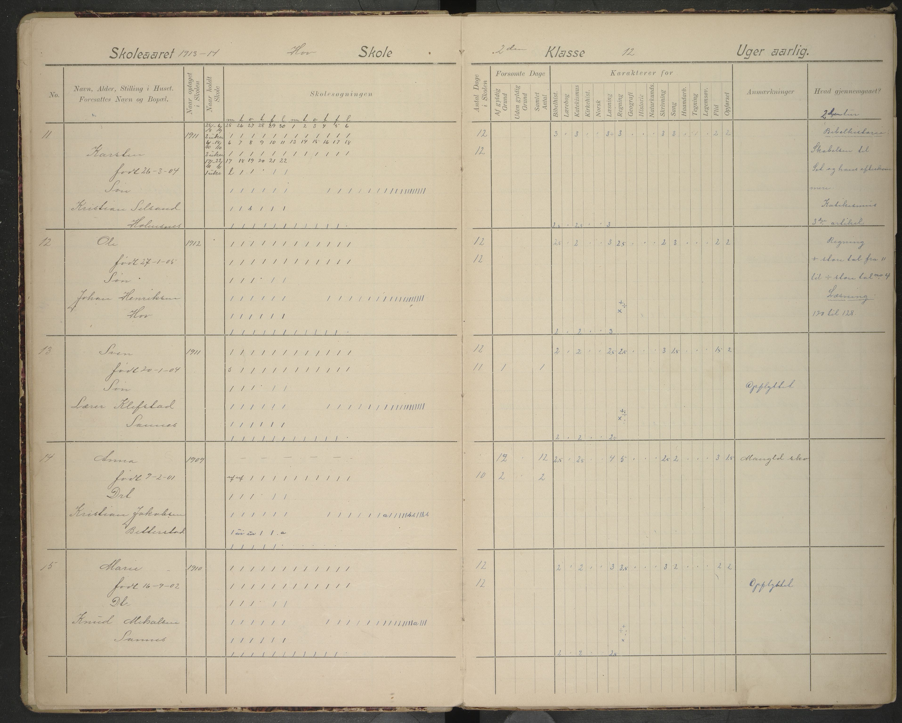 Hadsel kommune. Hov skolekrets, AIN/K-18660.510.55/G/L0004: Skoleprotokoll Hov skole, 1913-1922