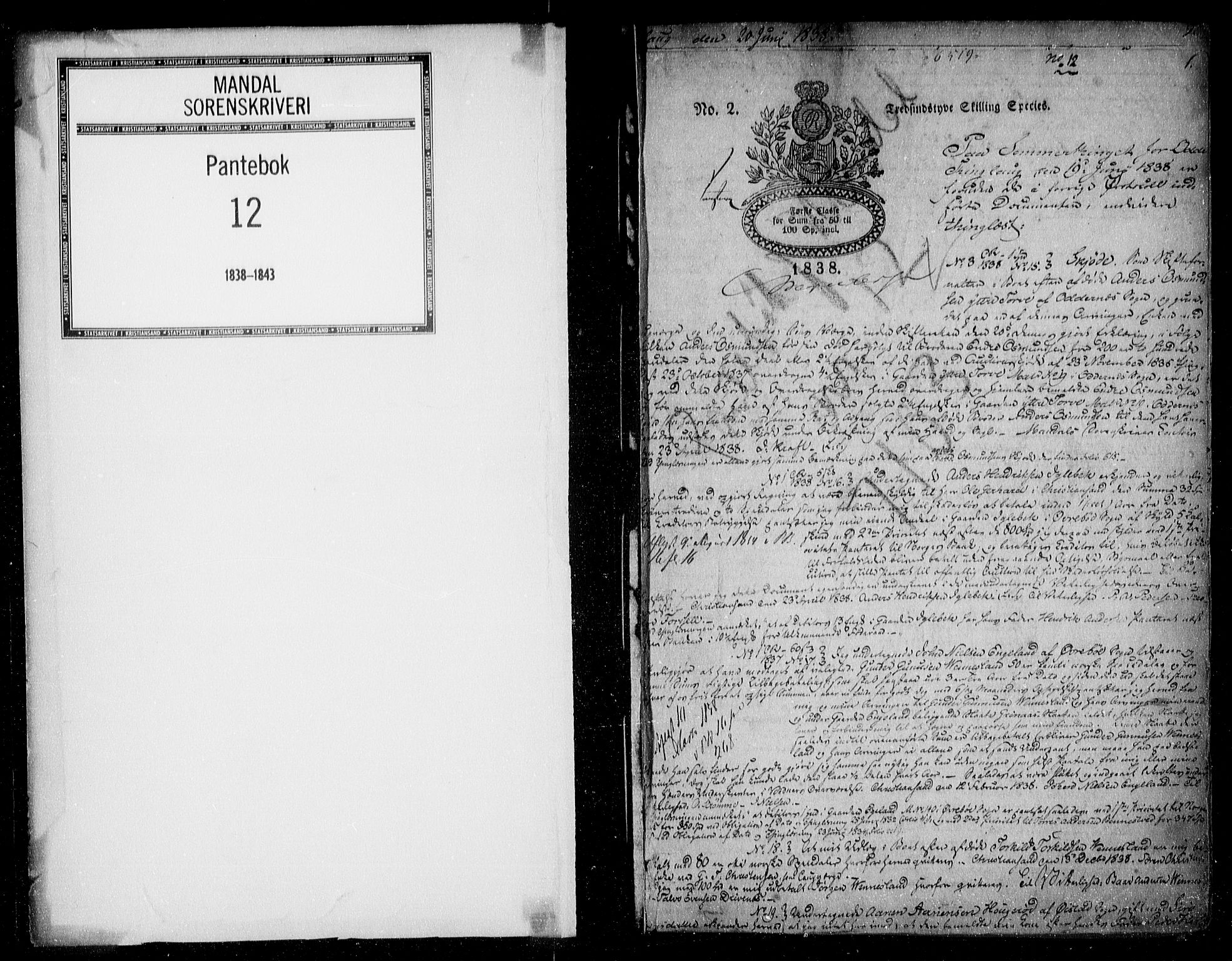 Mandal sorenskriveri, SAK/1221-0005/001/G/Gb/Gba/L0029: Pantebok nr. 12, 1838-1843, s. 1