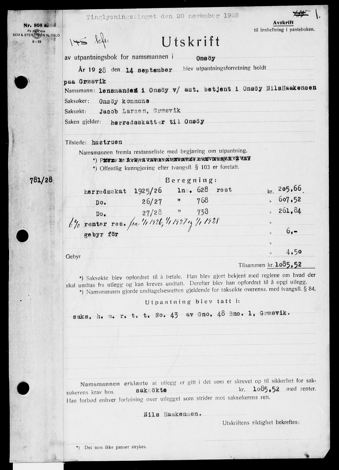Onsøy sorenskriveri, SAO/A-10474/G/Ga/Gaa/L0061: Pantebok nr. I 61, 1928-1929, s. 1