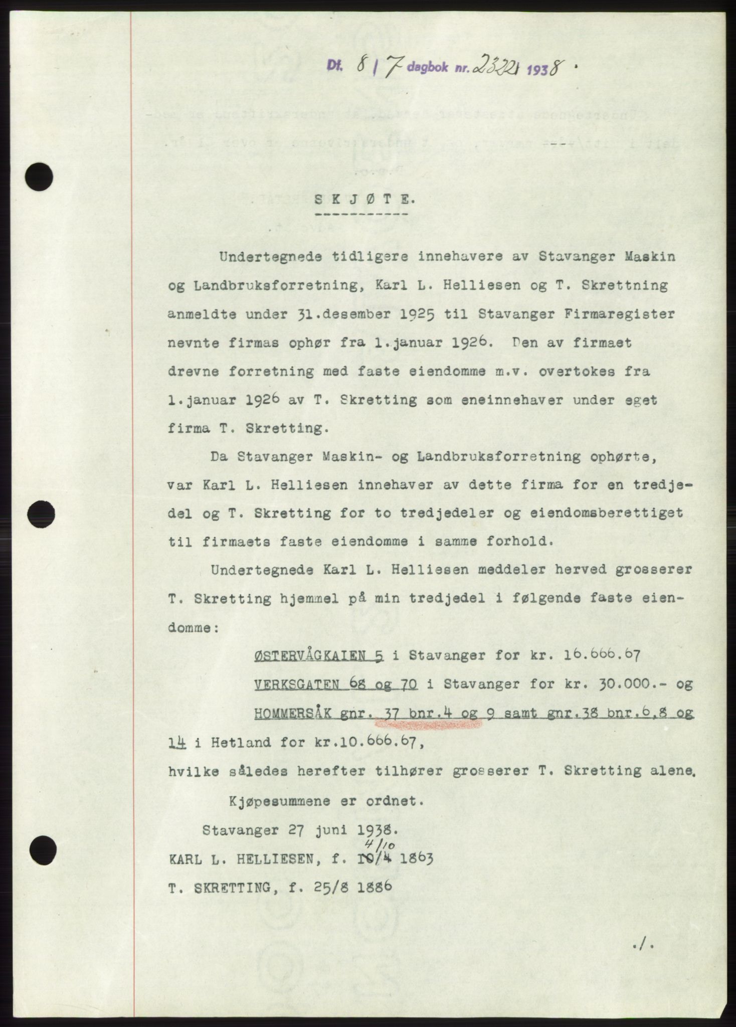 Jæren sorenskriveri, SAST/A-100310/03/G/Gba/L0071: Pantebok, 1938-1938, Dagboknr: 2322/1938