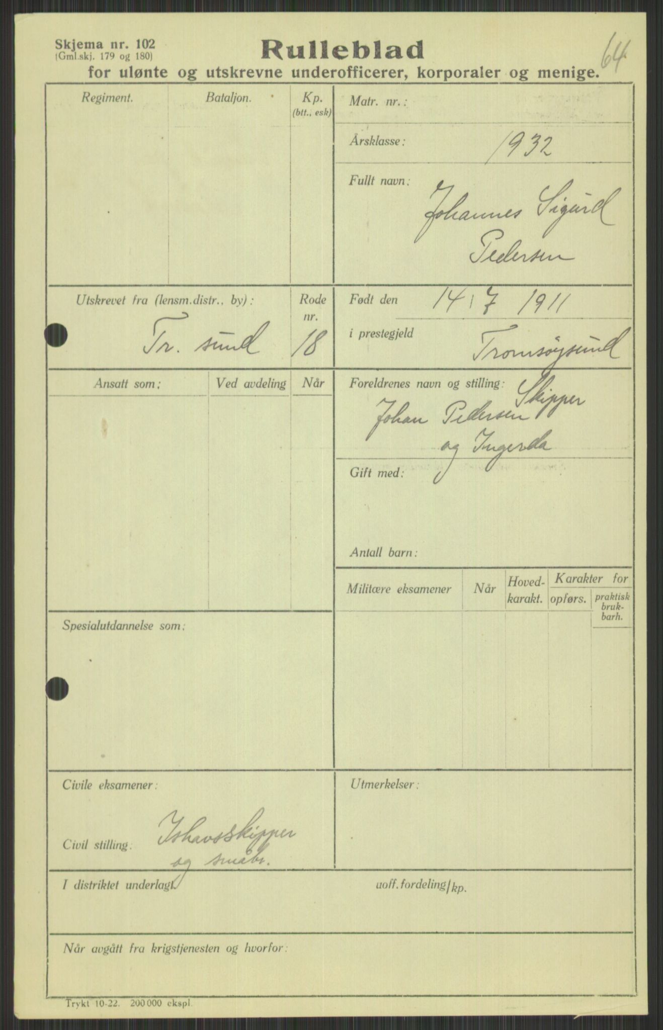 Forsvaret, Troms infanteriregiment nr. 16, AV/RA-RAFA-3146/P/Pa/L0016: Rulleblad for regimentets menige mannskaper, årsklasse 1932, 1932, s. 1303