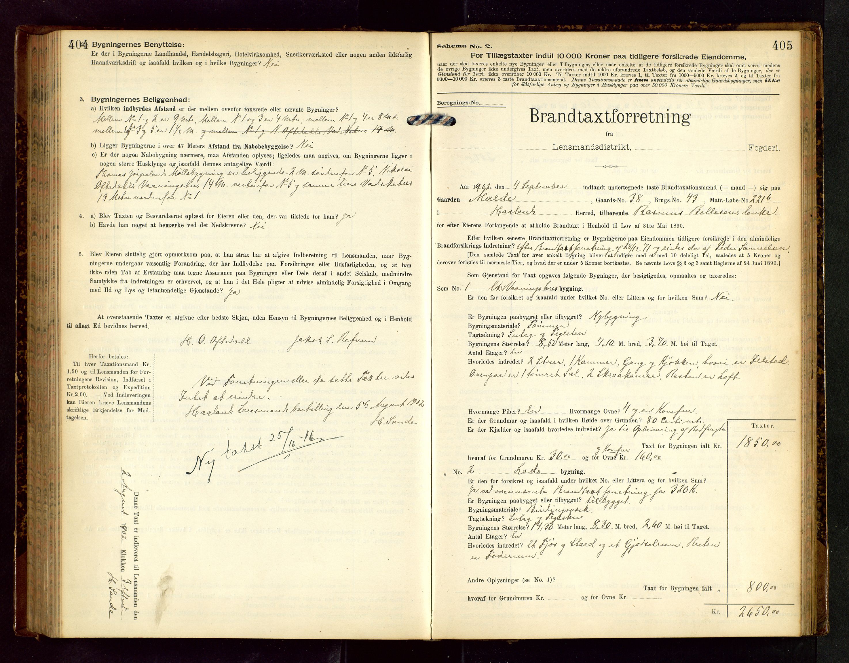 Håland lensmannskontor, SAST/A-100100/Gob/L0002: Branntakstprotokoll - skjematakst. Register i boken., 1902-1906, s. 404-405