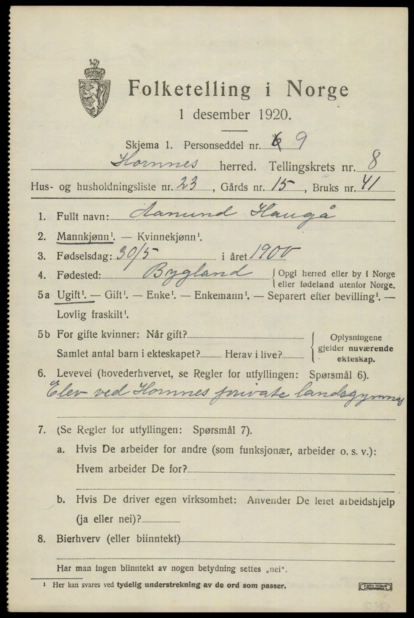 SAK, Folketelling 1920 for 0936 Hornnes herred, 1920, s. 2163
