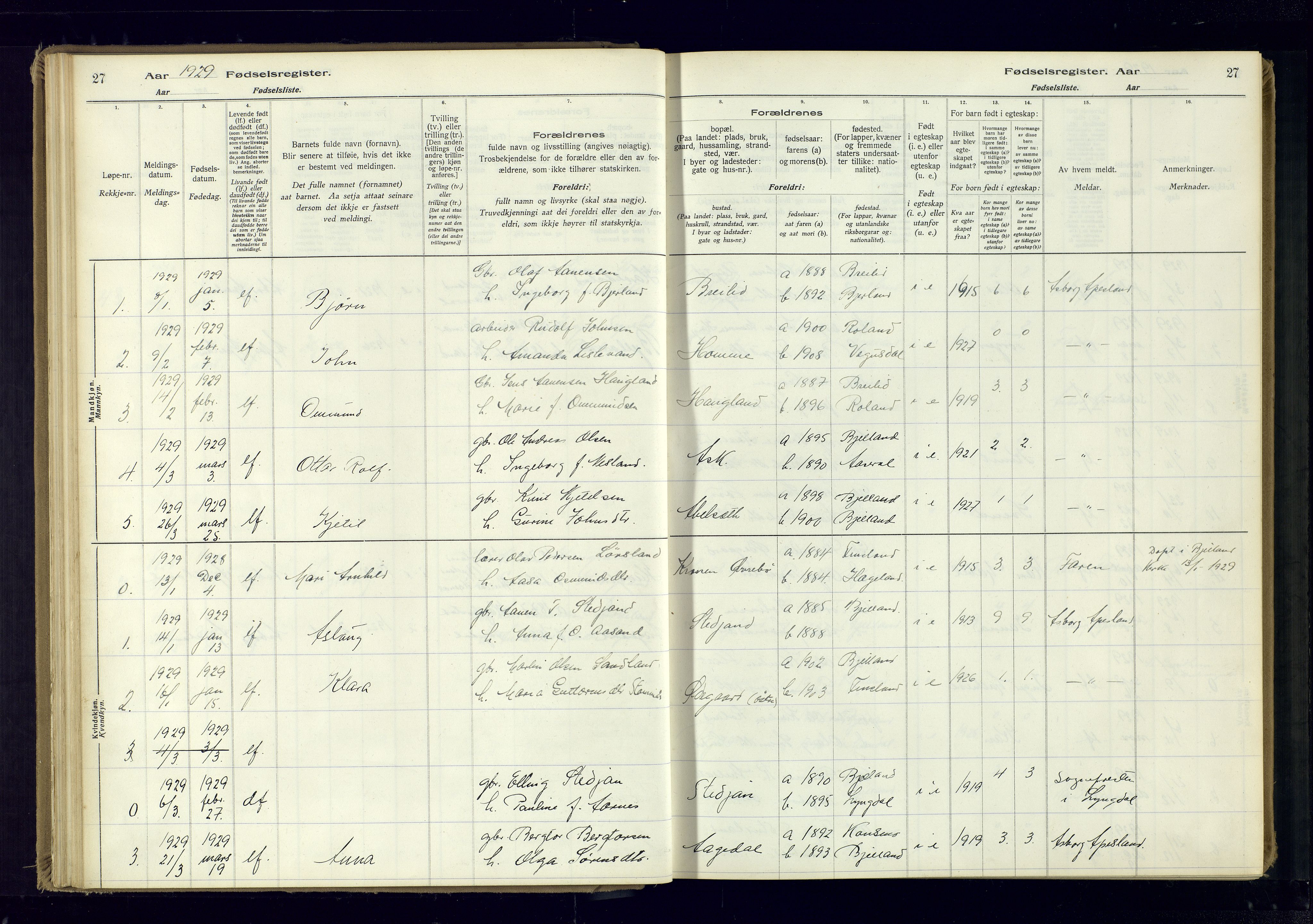 Bjelland sokneprestkontor, AV/SAK-1111-0005/J/Ja/L0001: Fødselsregister nr. II.4.2, 1916-1982, s. 27