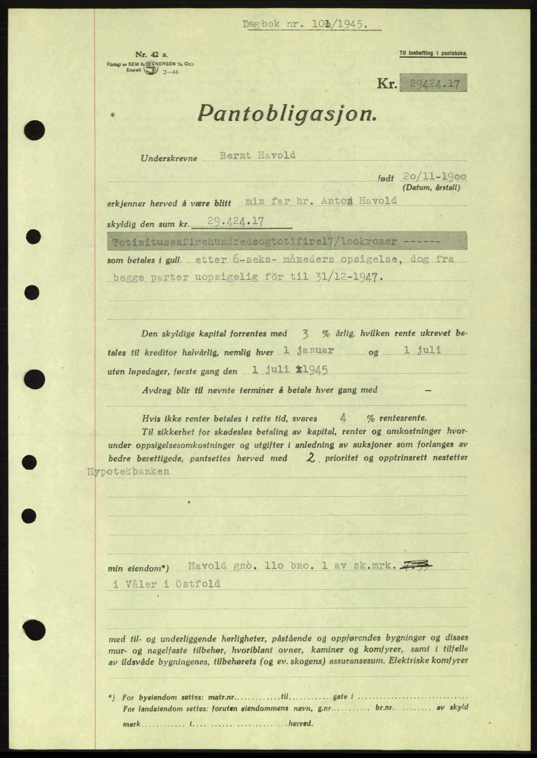 Moss sorenskriveri, SAO/A-10168: Pantebok nr. B13, 1943-1945, Dagboknr: 101/1945