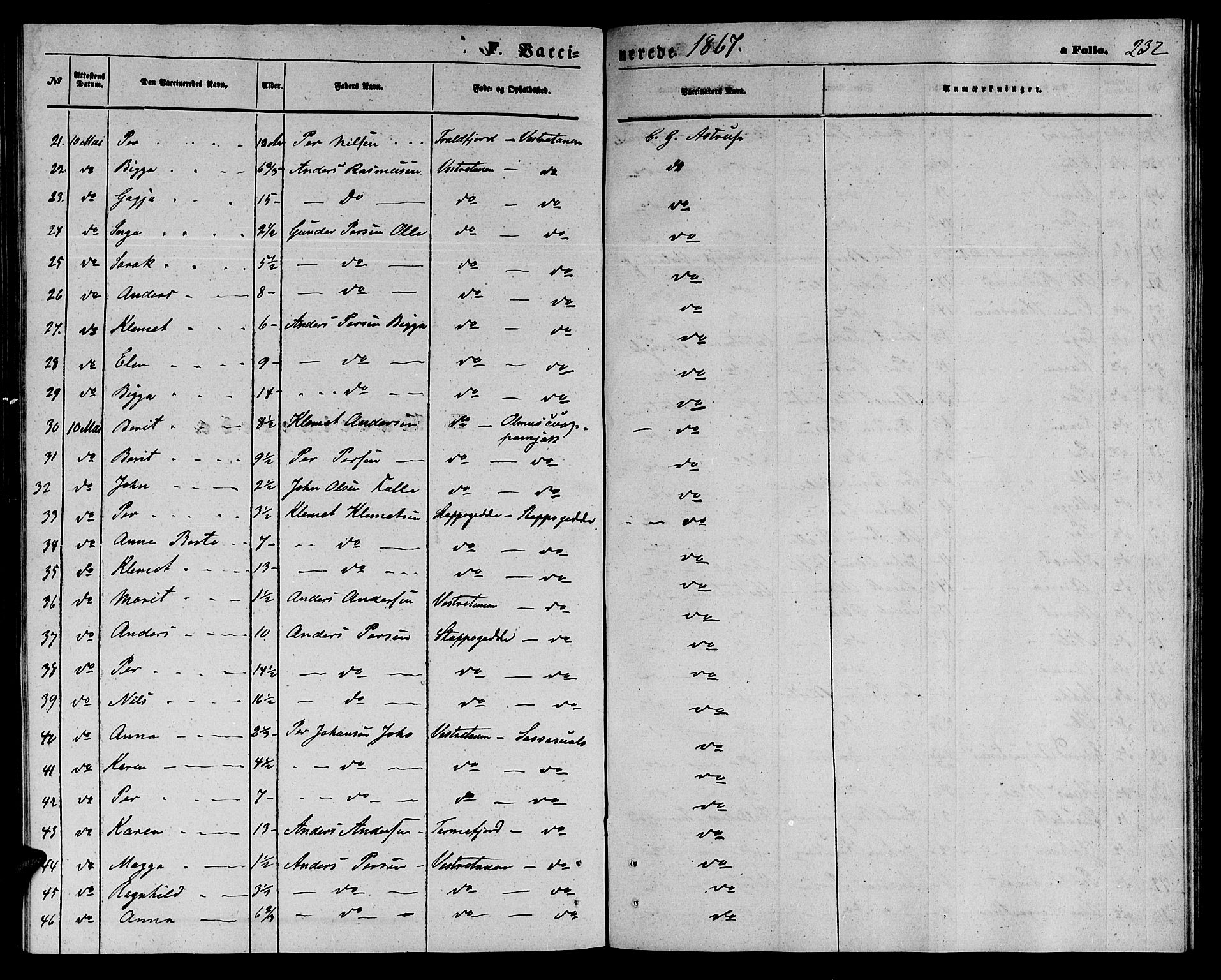 Tana sokneprestkontor, AV/SATØ-S-1334/H/Hb/L0002klokker: Klokkerbok nr. 2 /1, 1866-1877, s. 232